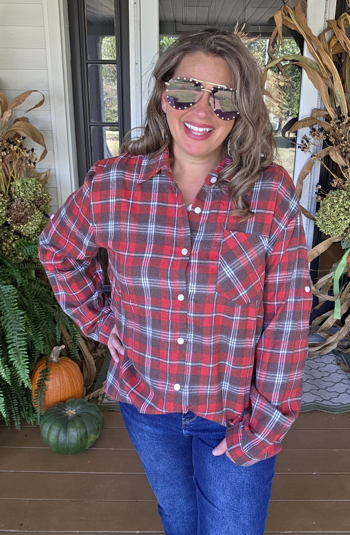 RED CHECK PLAID BUTTON DOWN FLANNEL