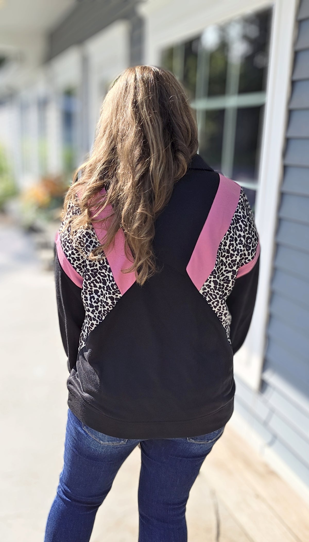 BLACK/PINK/LEOPARD COLORBLOCK FRENCH TERRY QUARTER ZIP PULLOVER