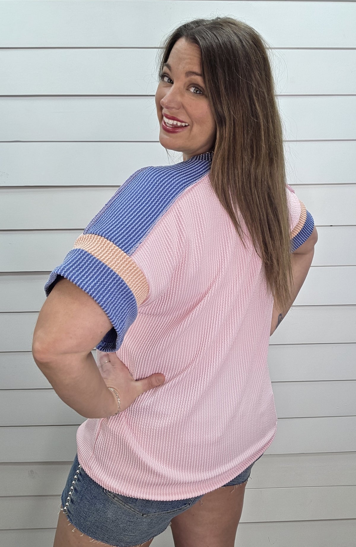 PINK/DENIM/PEACH COLORBLOCK RAISED RIBBED KNIT TOP