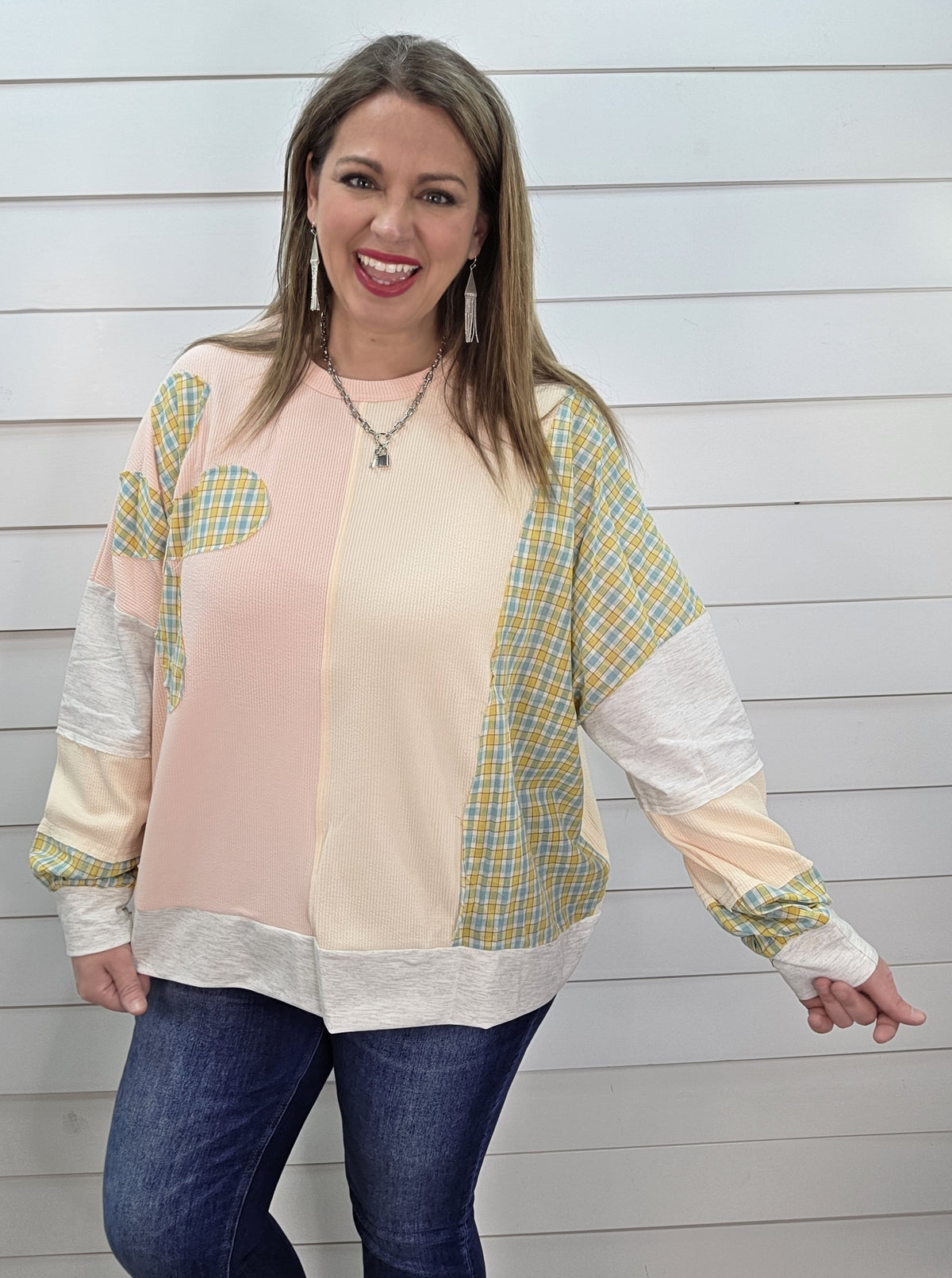 PEACH/OATMEAL CONTRAST PLAID/FLORAL LOOSE FIT TOP