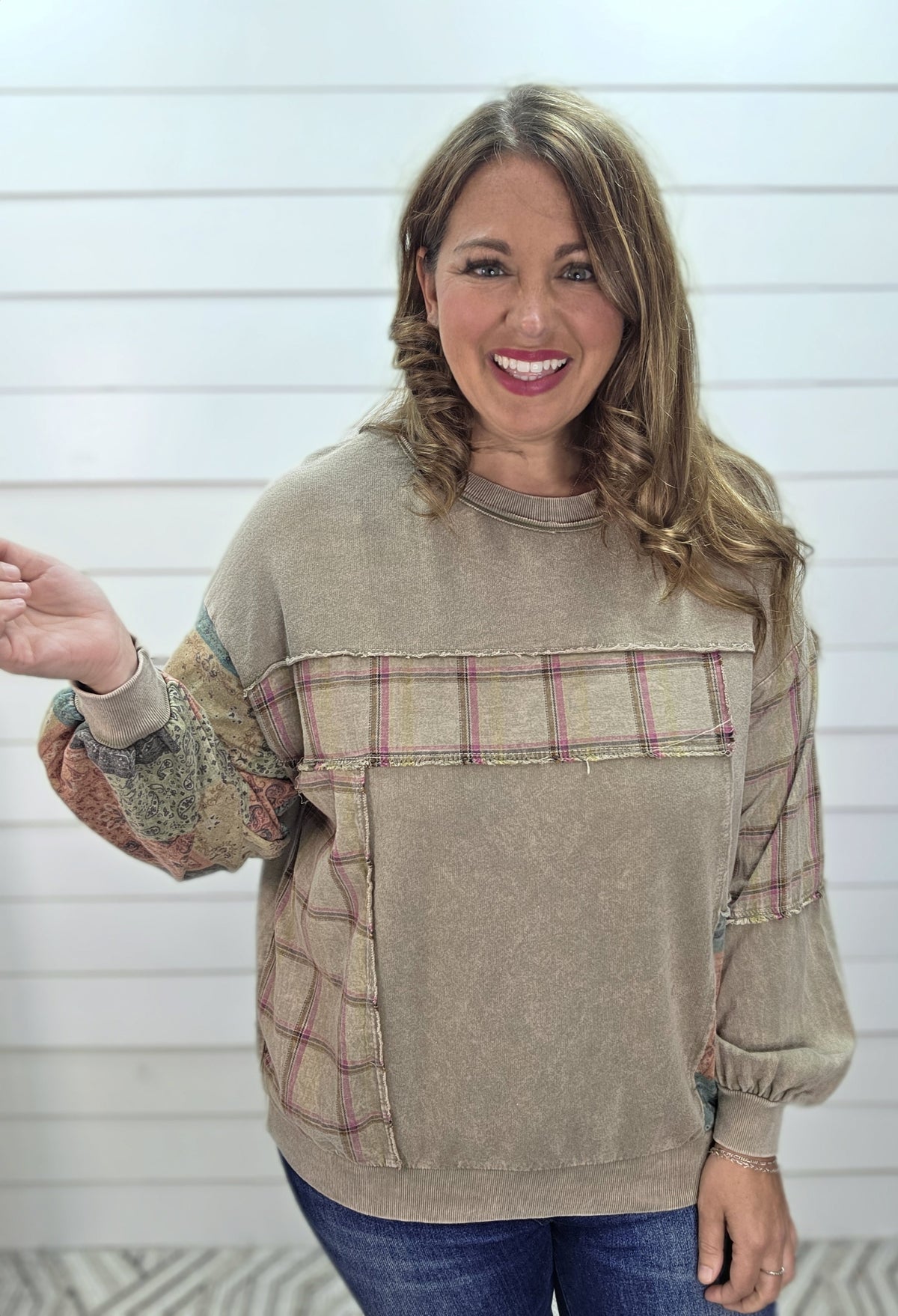 DK TAUPE Mineral washed Plaid And Bandana Print Sweatshirt Pullover