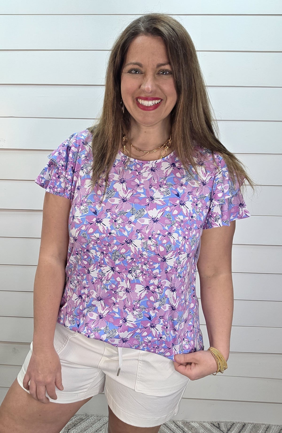 BLUE/LAVENDER FLORAL KNIT TOP W/ RUFFLE SLEEVE