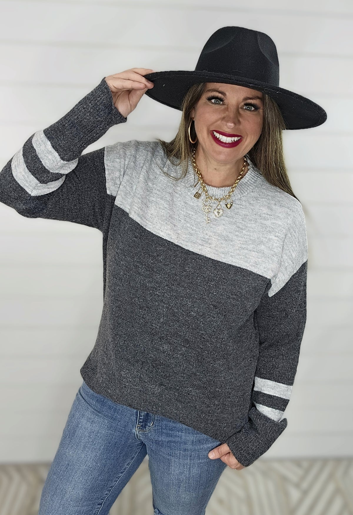 CHARCOAL/GREY COLORBLOCK OVERSIZED KNIT SWEATER