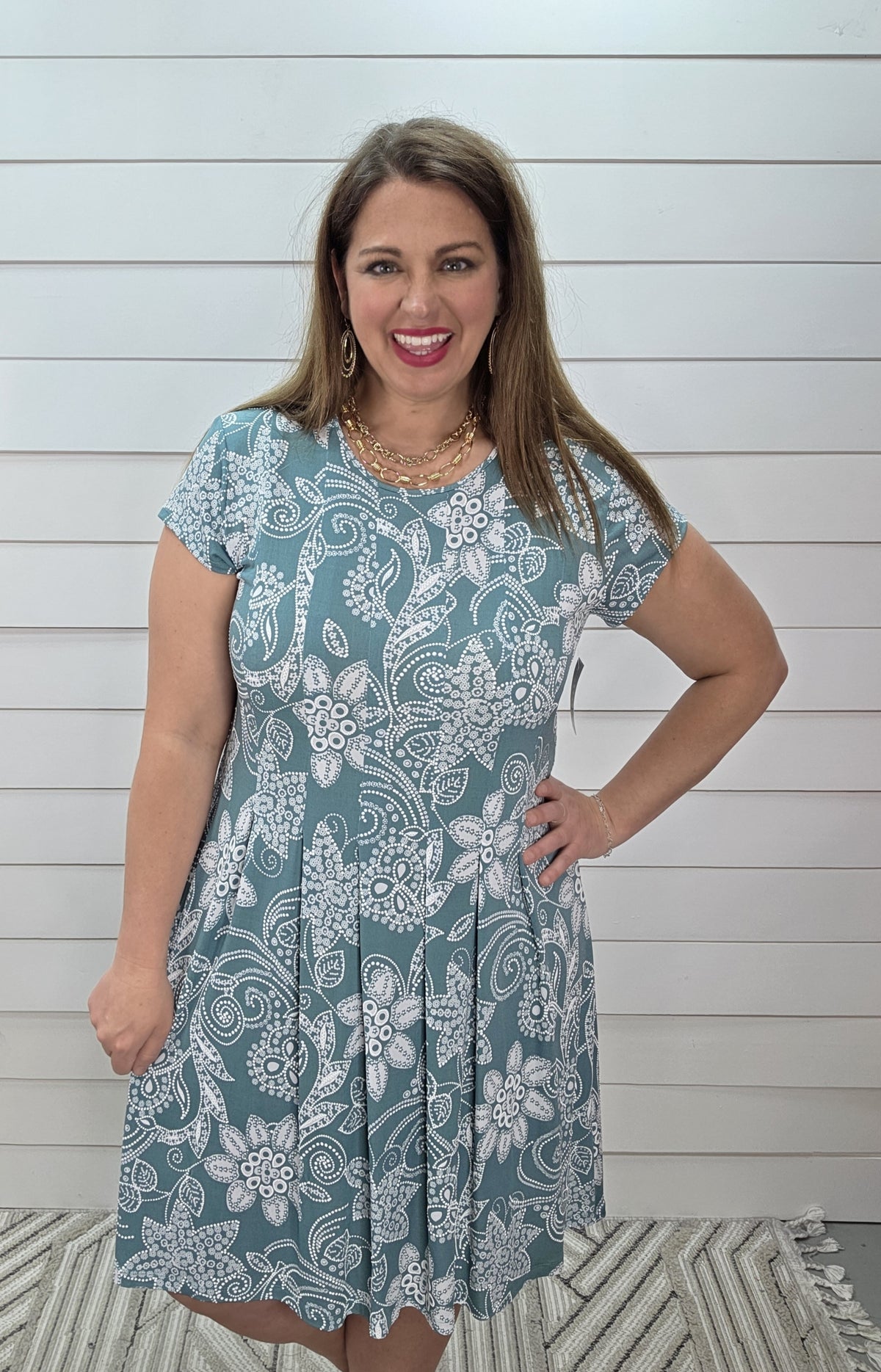 TEAL/WHITE TEXTURED FLORAL KNIT DRESS