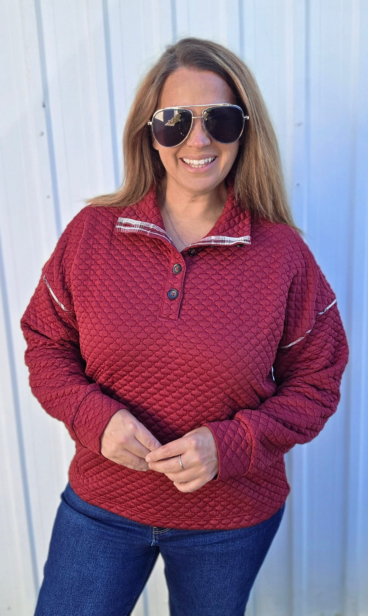 BURGUNDY QUILTED Henley Mock Neck, Drop Shoulder PLAID CONTAST PULLOVER