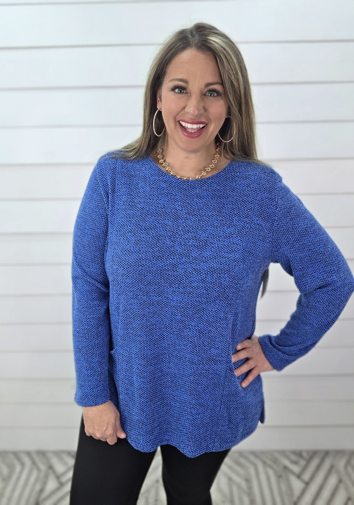 BLUE HEATHERED DOUBLE POCKET KNIT TUNIC