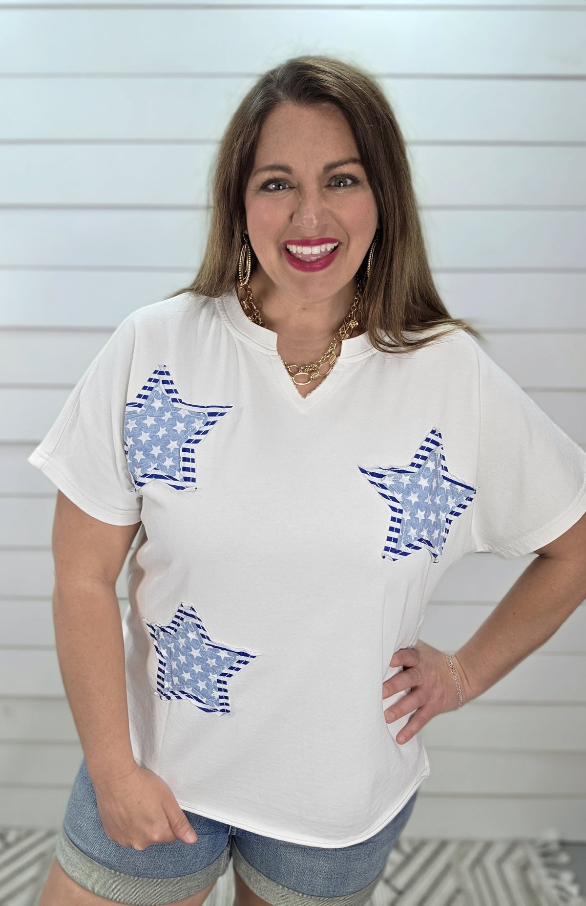 WHITE/STAR CONRAST KNIT TOP