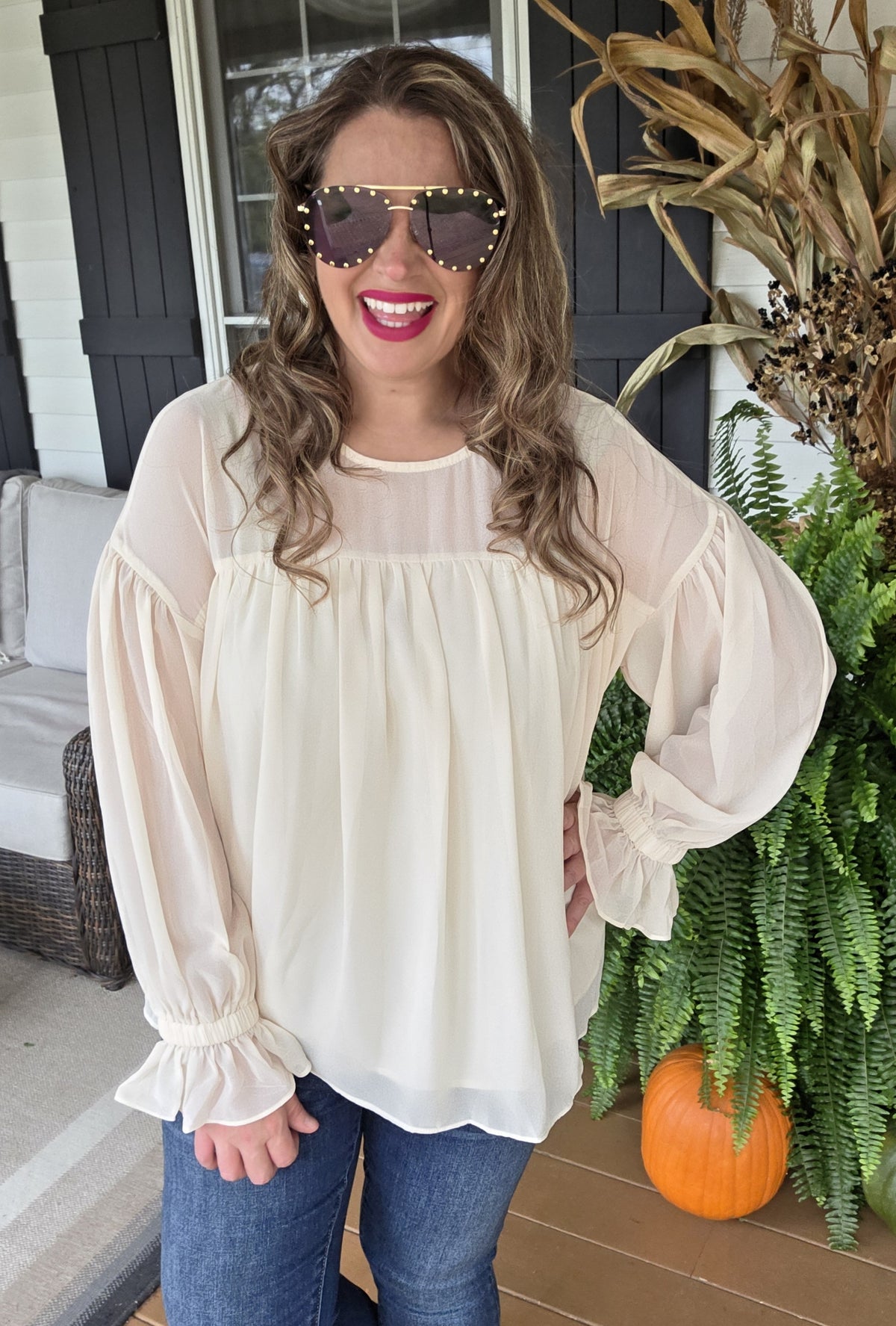 BEIGE FLOWY CHIFFON STYLE BLOUSE