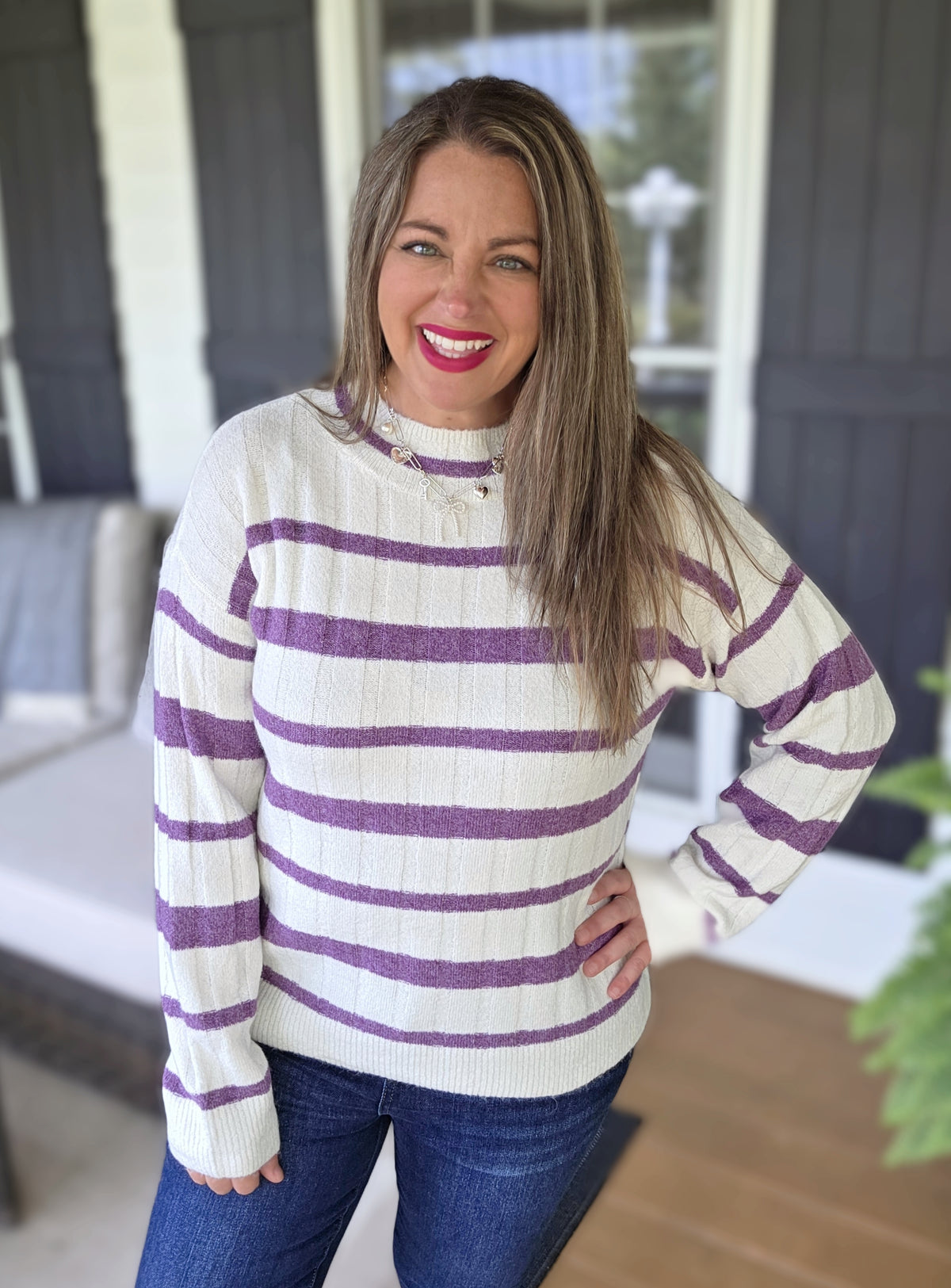 CREAM/PURPLE STRIPED MOCK NECK PULLOVER SWEATER