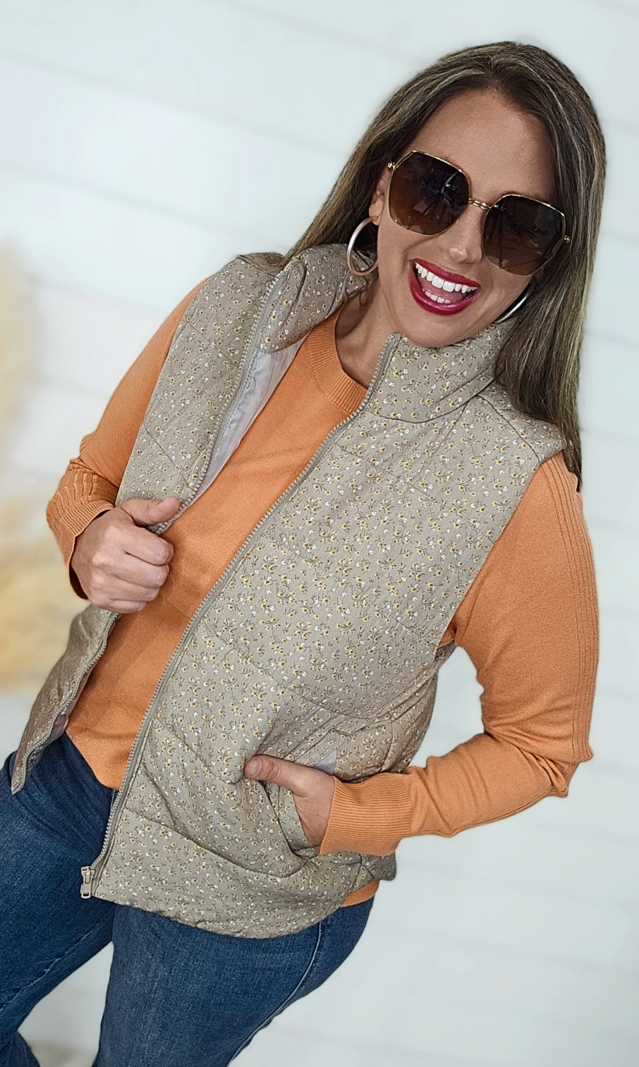 TAUPE FLORAL PADDED FULL ZIP VEST