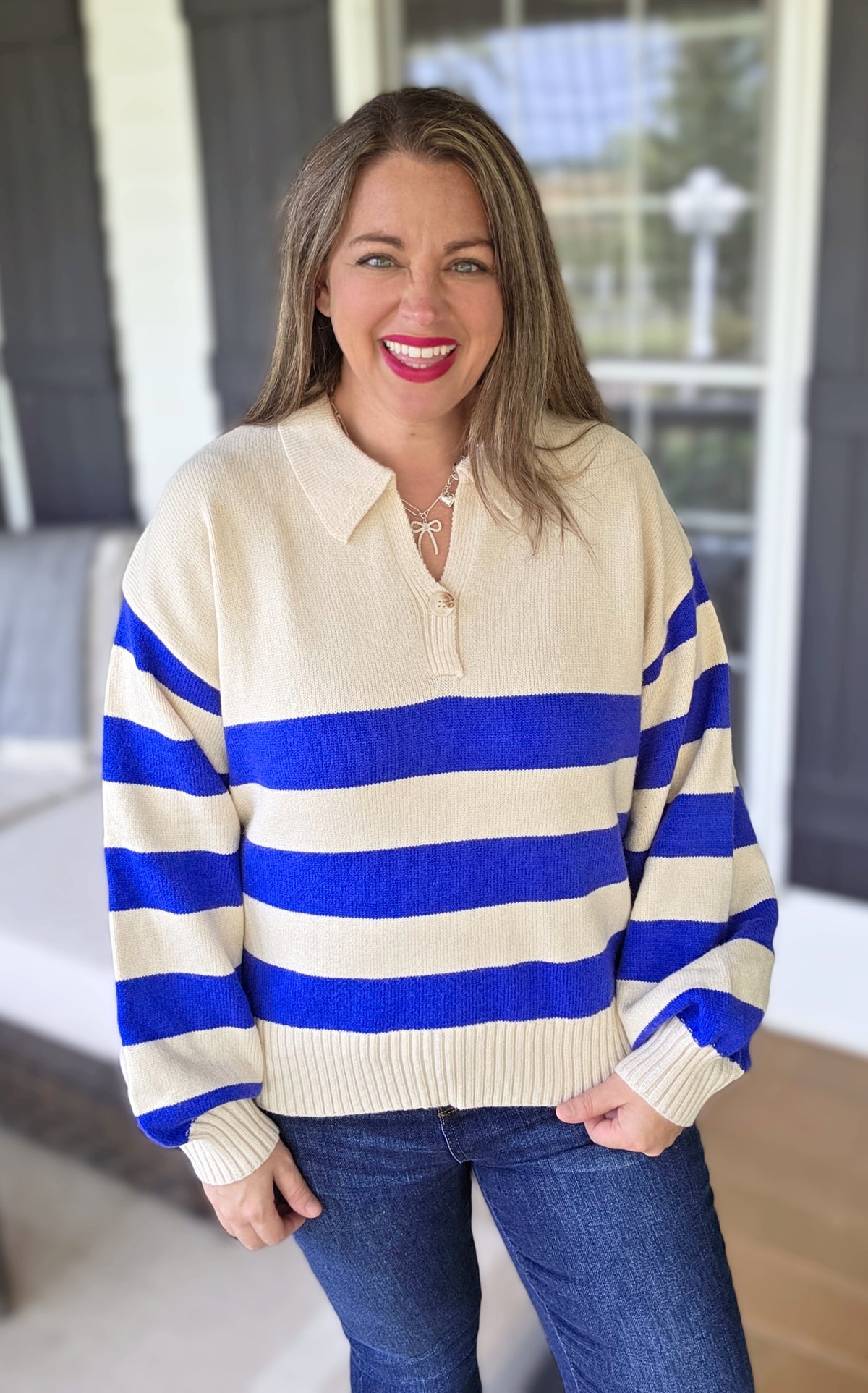 COLBALT STRIPED V NECK BUTTON TRIM SWEATER