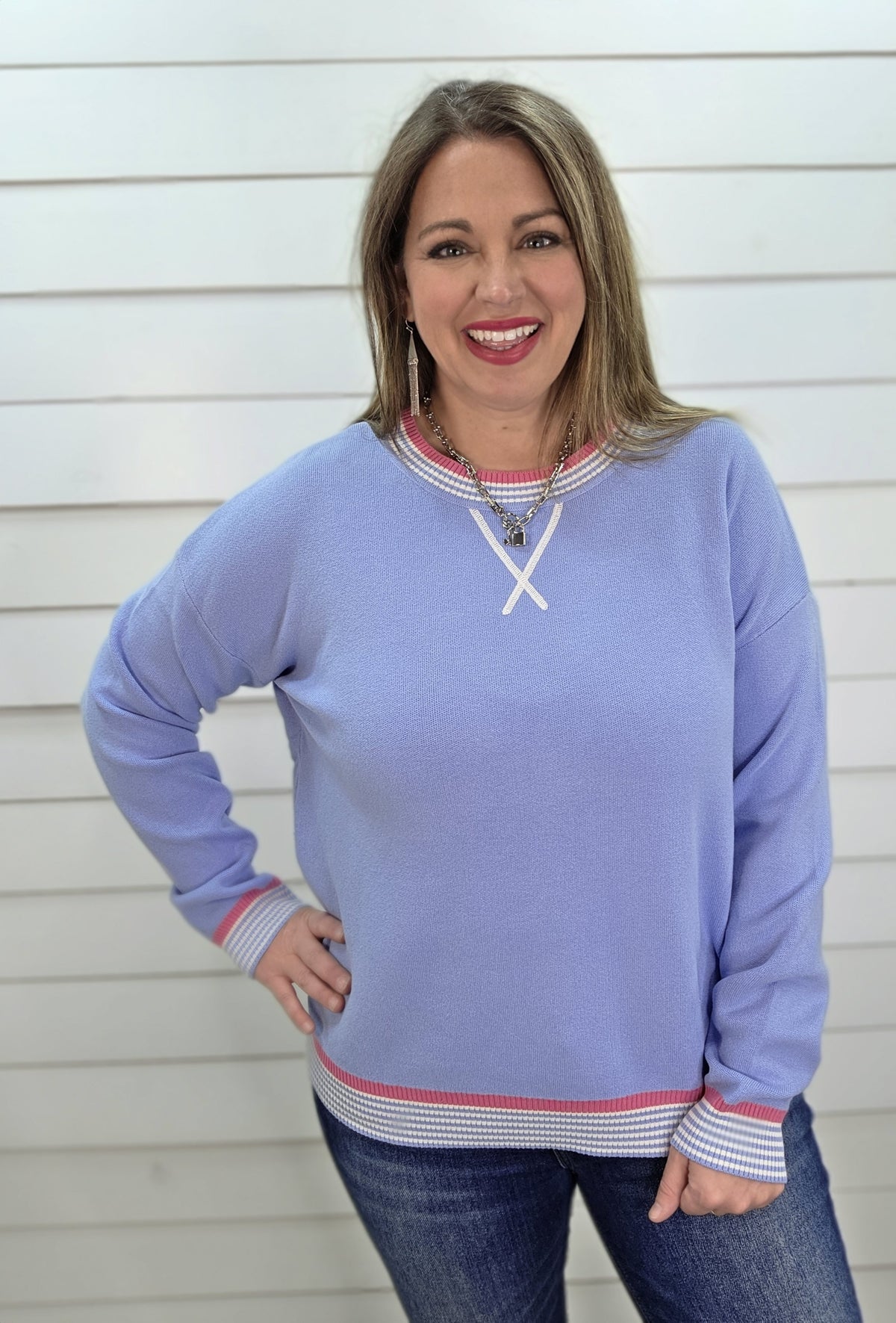 LT BLUE/PINK CONTAST CREW NECK PULLOVER SWEATER