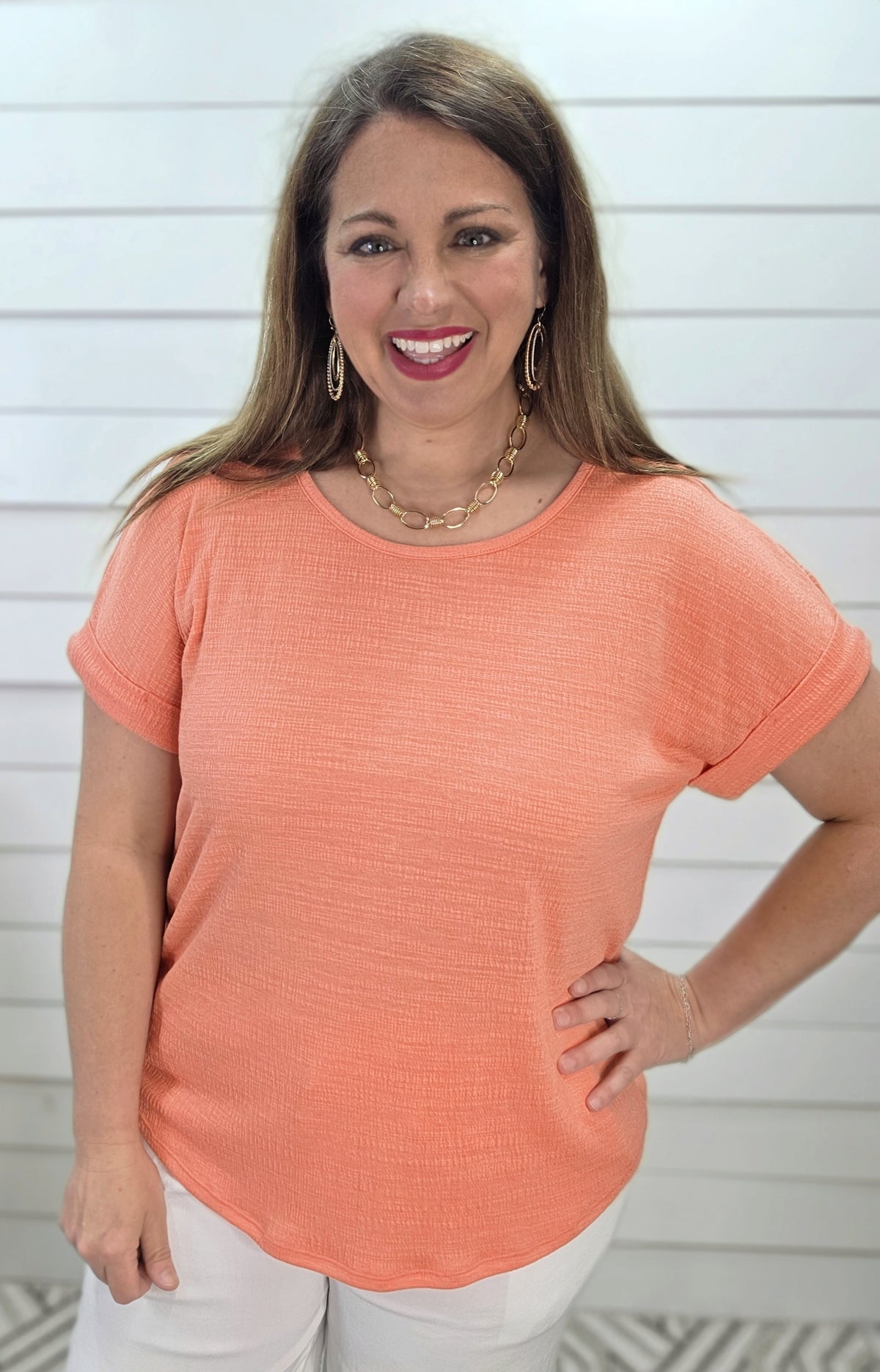 TANGERINE KNIT TOP W/ BUTTON BACK DETAIL