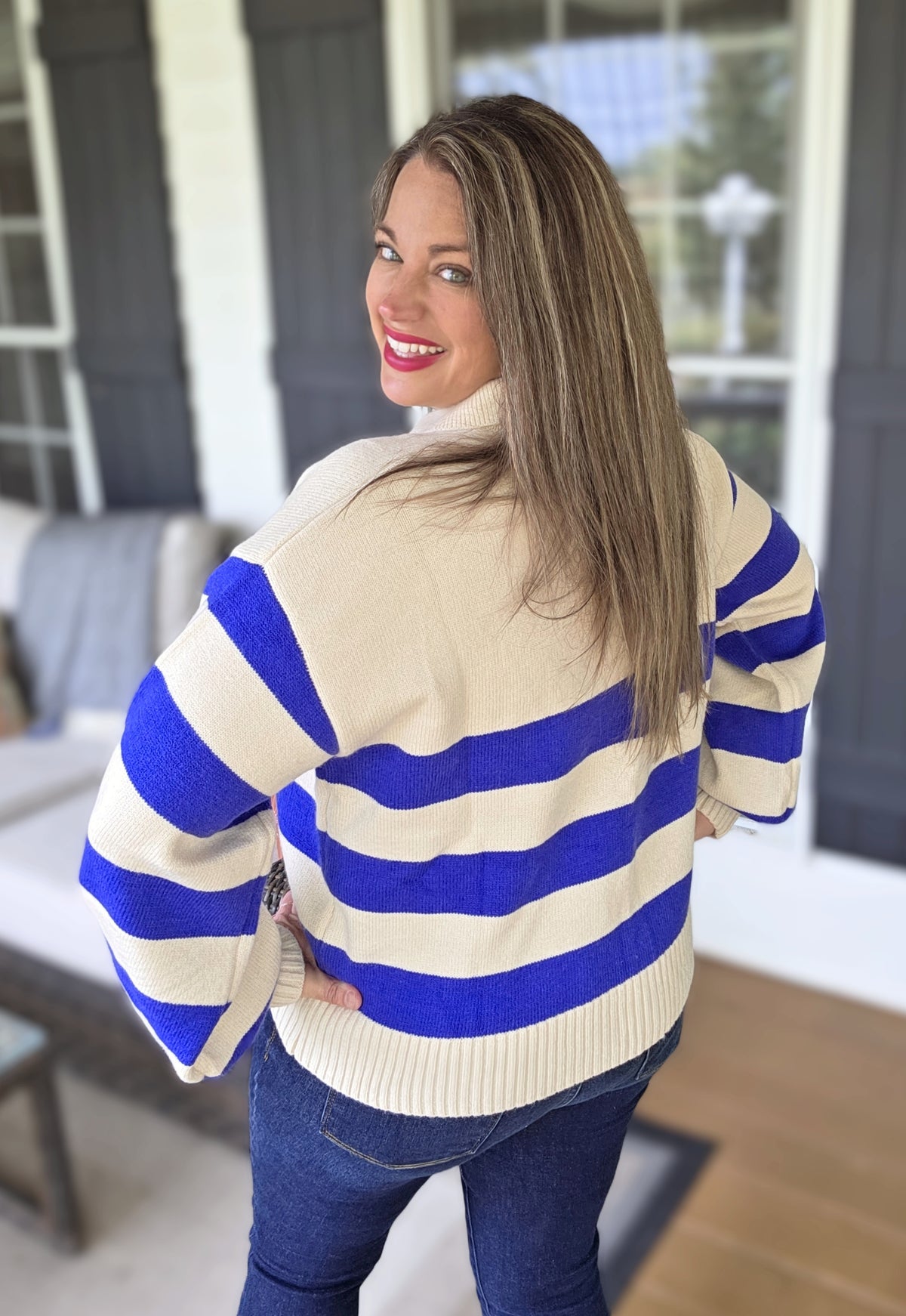 COLBALT STRIPED V NECK BUTTON TRIM SWEATER
