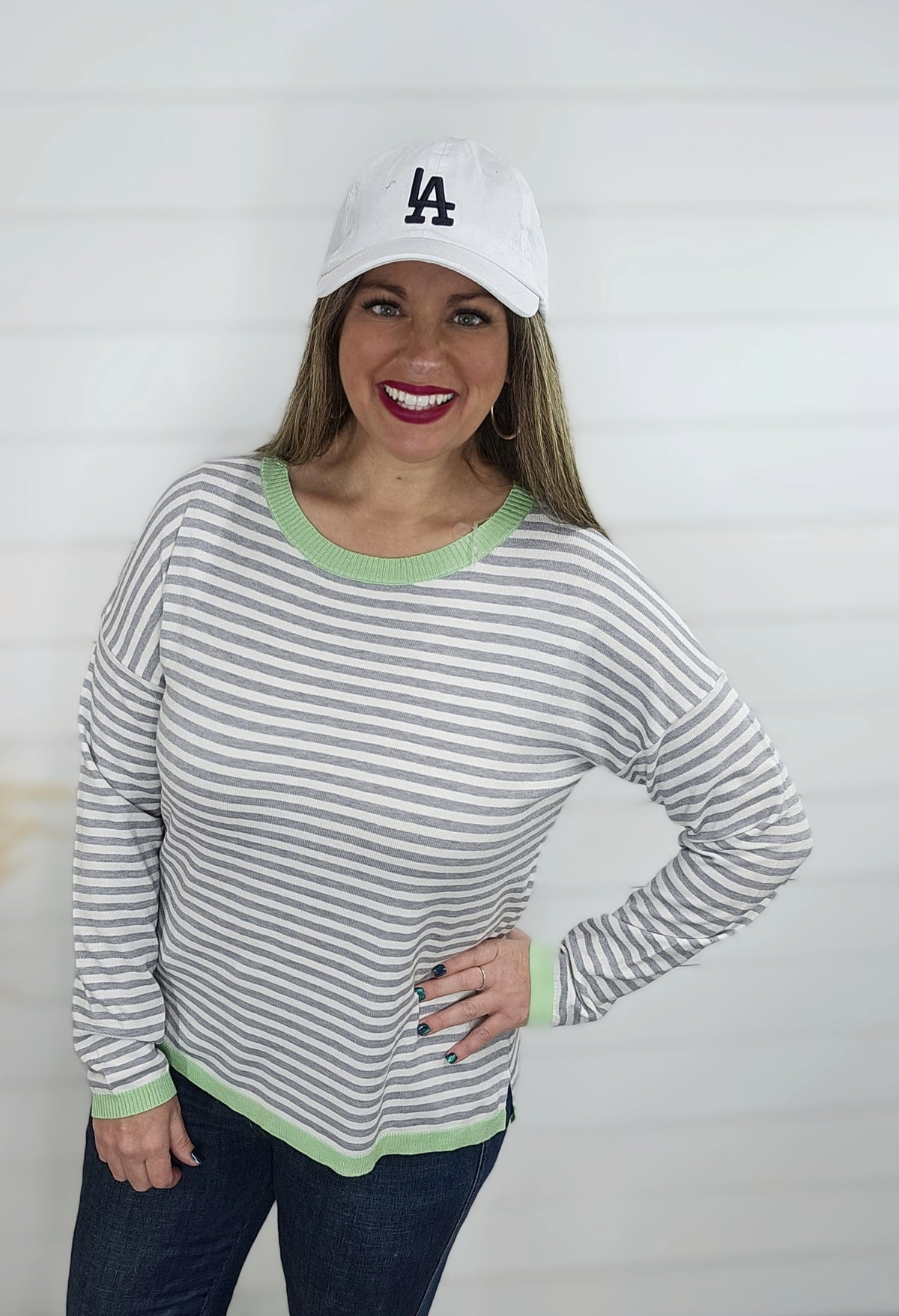 GREY STRIPED KNIT TOP W/ LIME TRIM