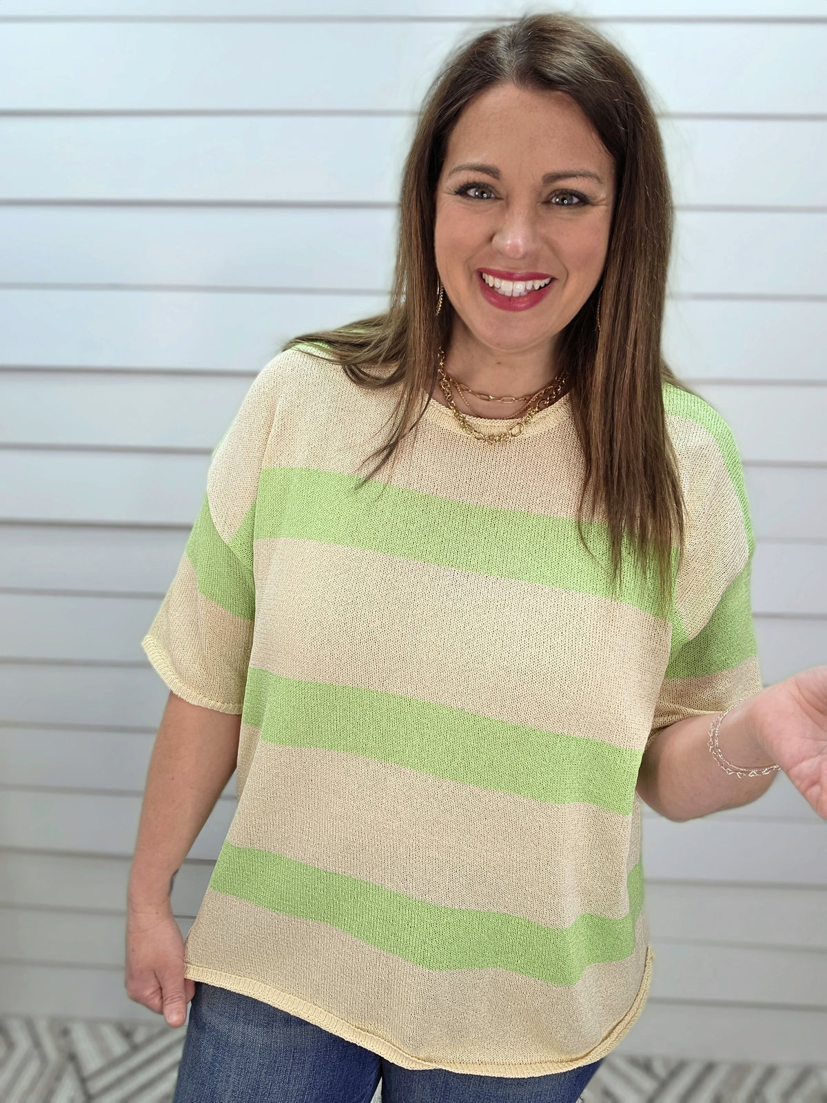 GREEN/CREAM STRIPED SHORT SLEEVE LIGHT WEIGHT SWEATER