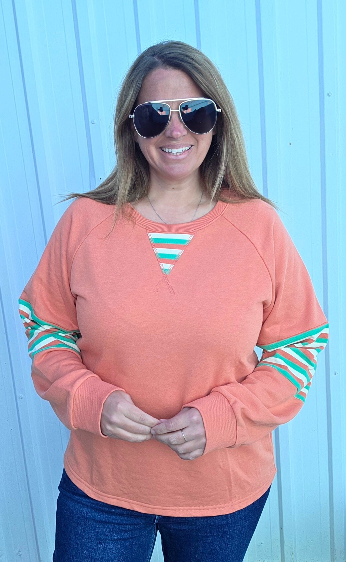 Lt Rust Crew Neck, Raglan Sleeve, Terry Mixed Stripe Top