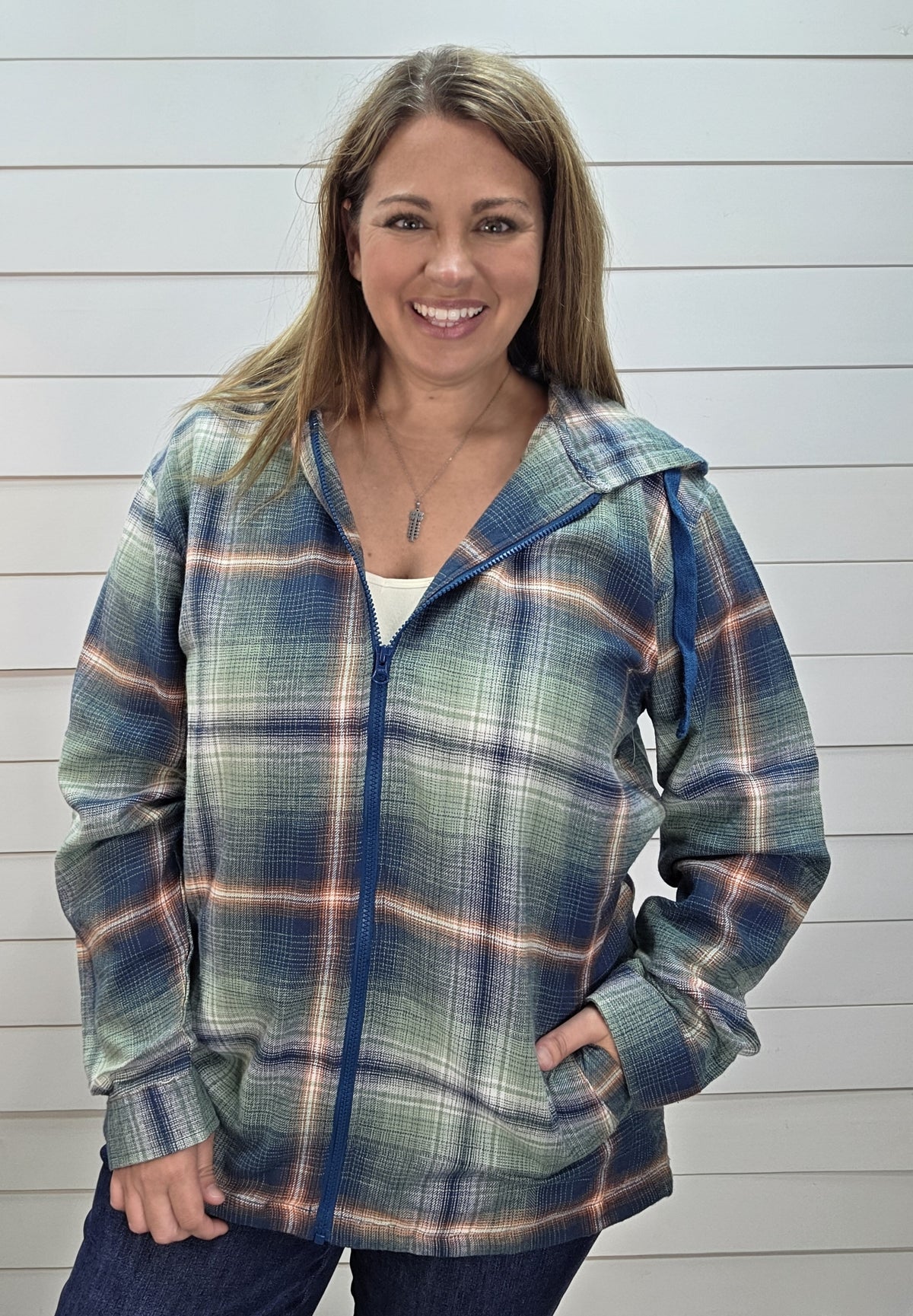 TEAL PLAID ZIP UP HOODED TOP W/ POCKETS