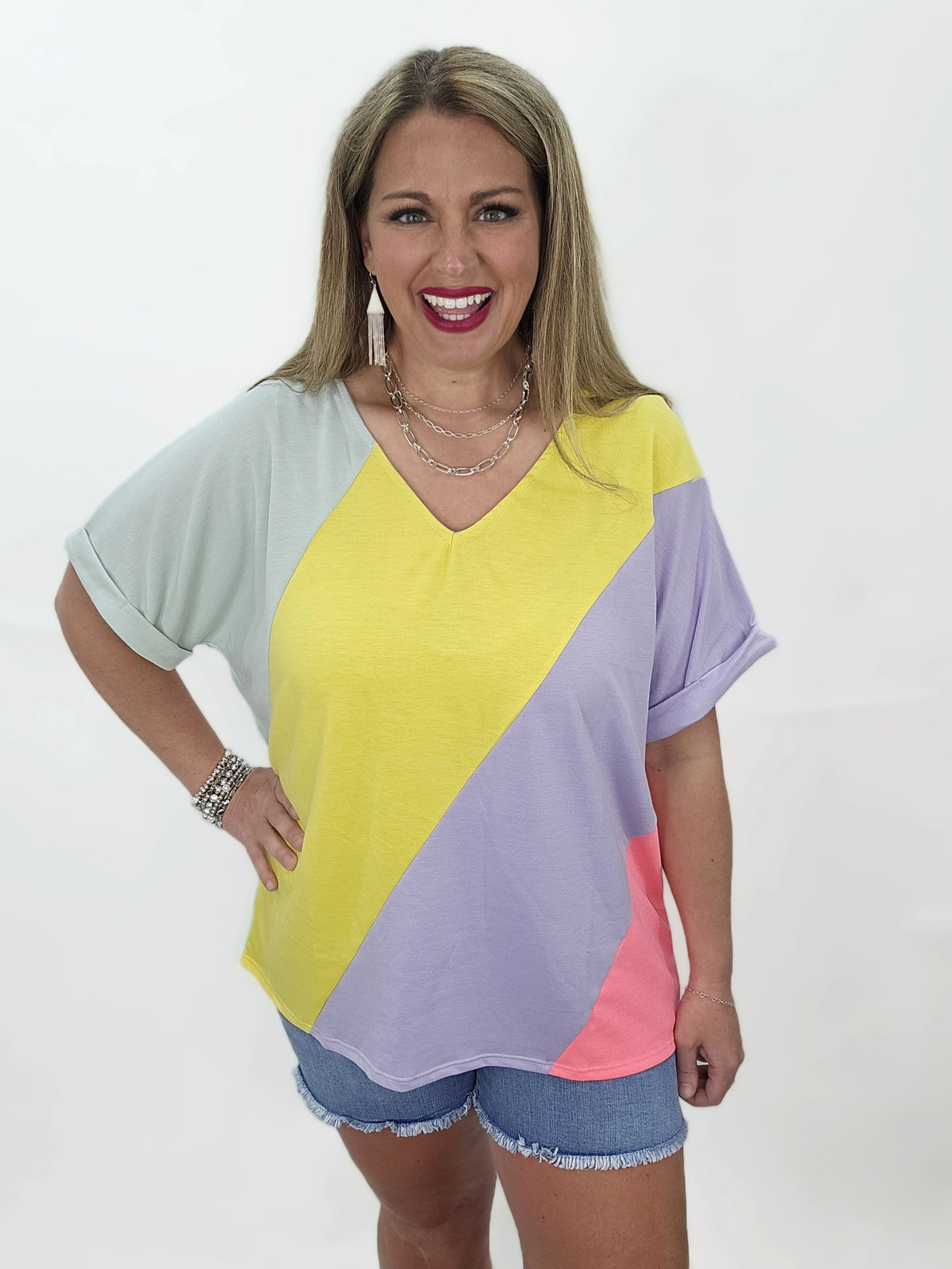MULTI V NECK COLORBLOCK FRENCH TERRY CUFFED SLEEVE TOP