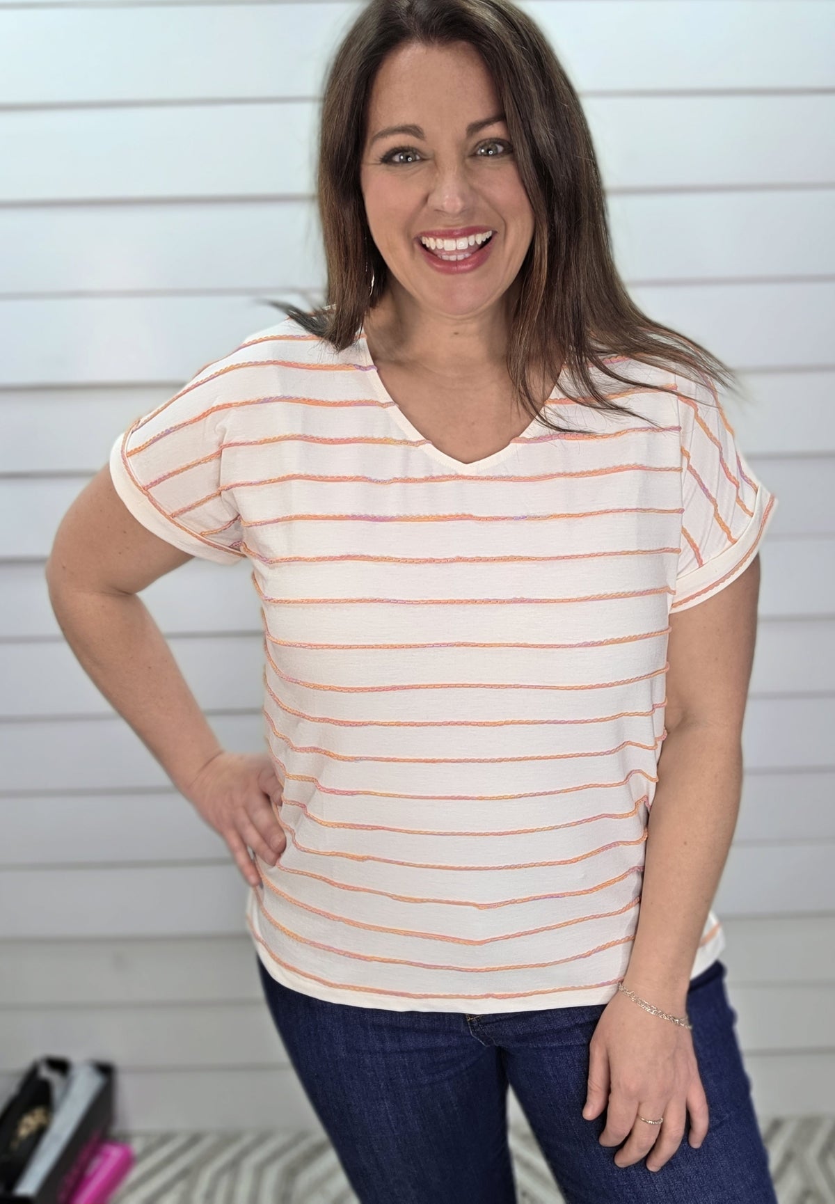 CREAM V NECK KNIT TOP W/ MULTI COLOR THREAD DETAIL