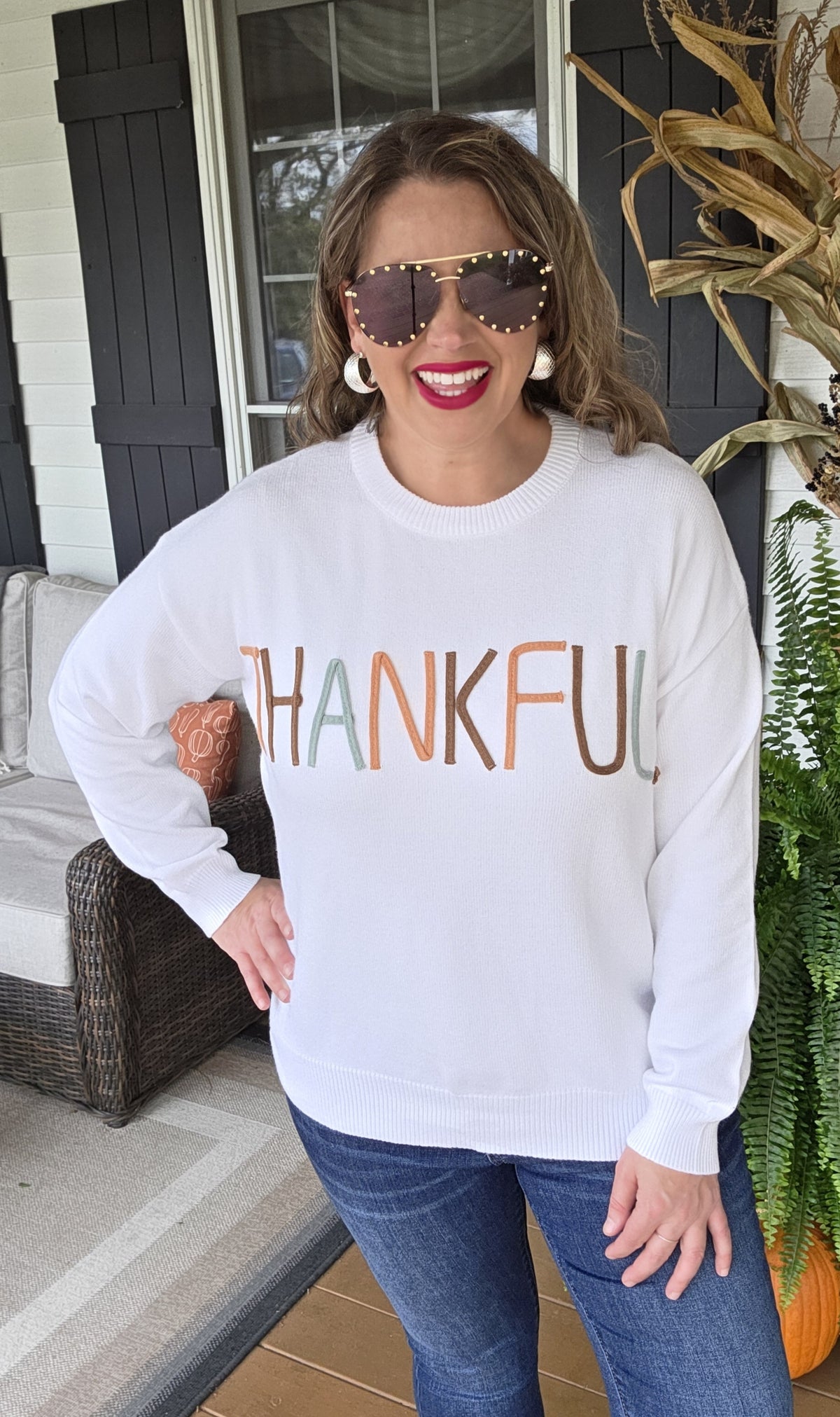 CREAM MULTI COLOR EMBROIDED "THANKFUL" SWEATER