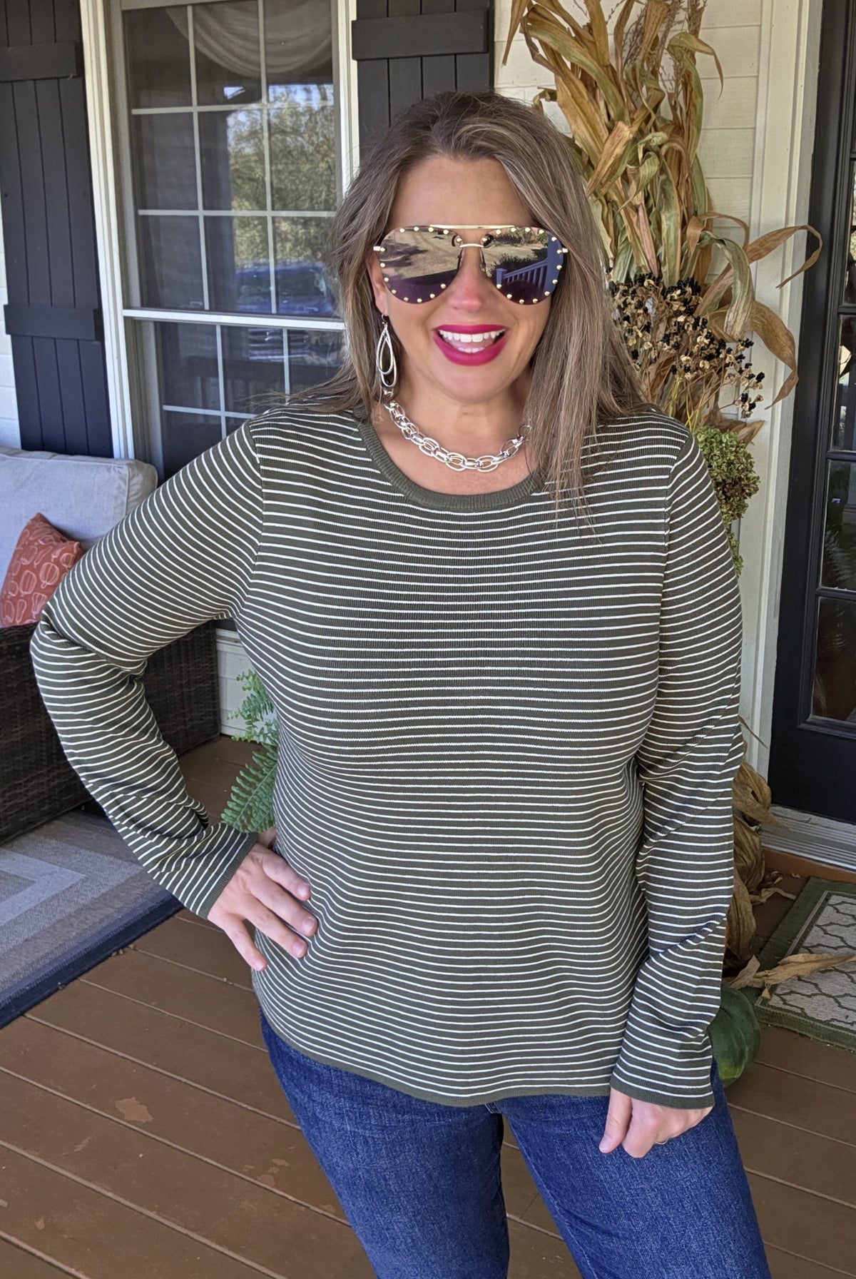 DARK OLIVE PINSTRIPE PULLOVER SWEATER