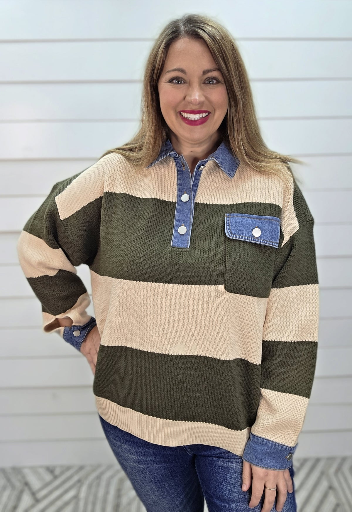 OLIVE/TAN STRIPED KNIT SWEATER W/ DENIM TRIM