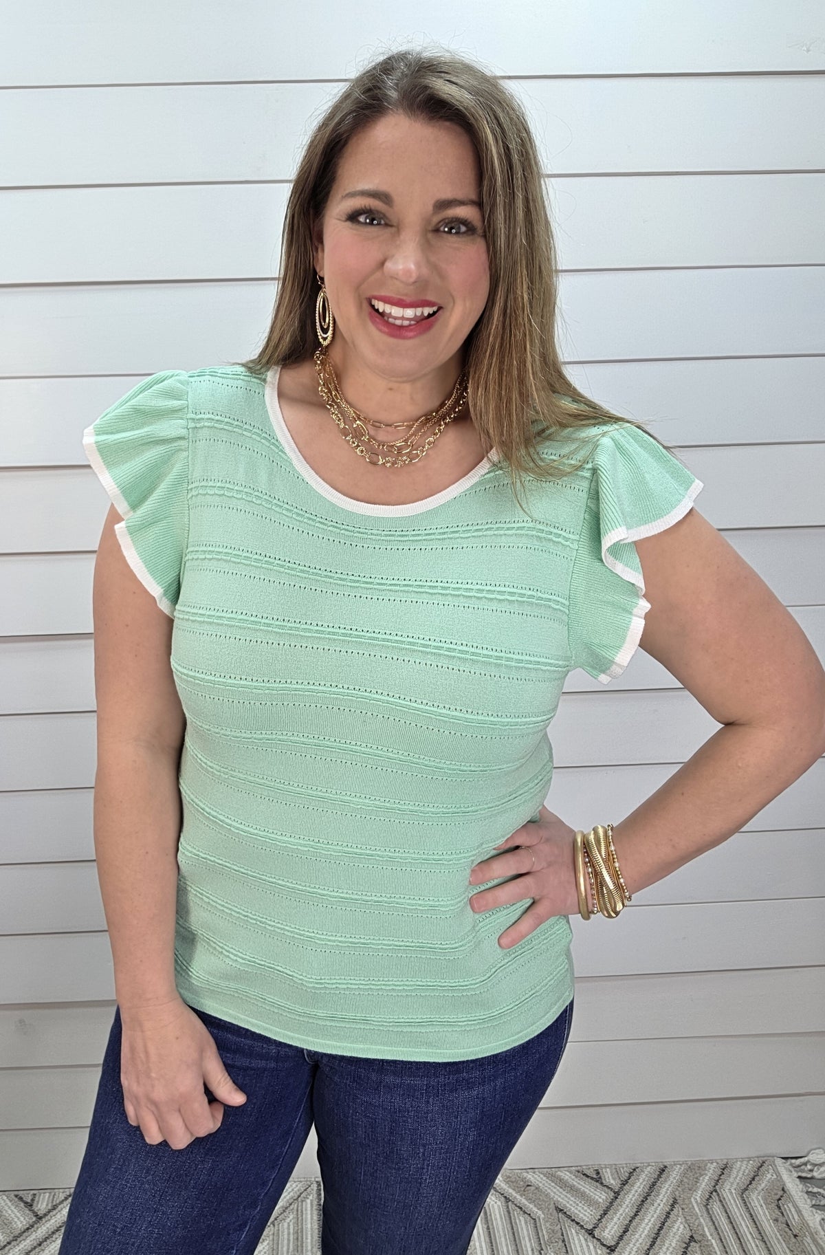 MINT TEXTURED STRIPED RUFFLE SHORT SLEEVE SWEATER KNIT TOP