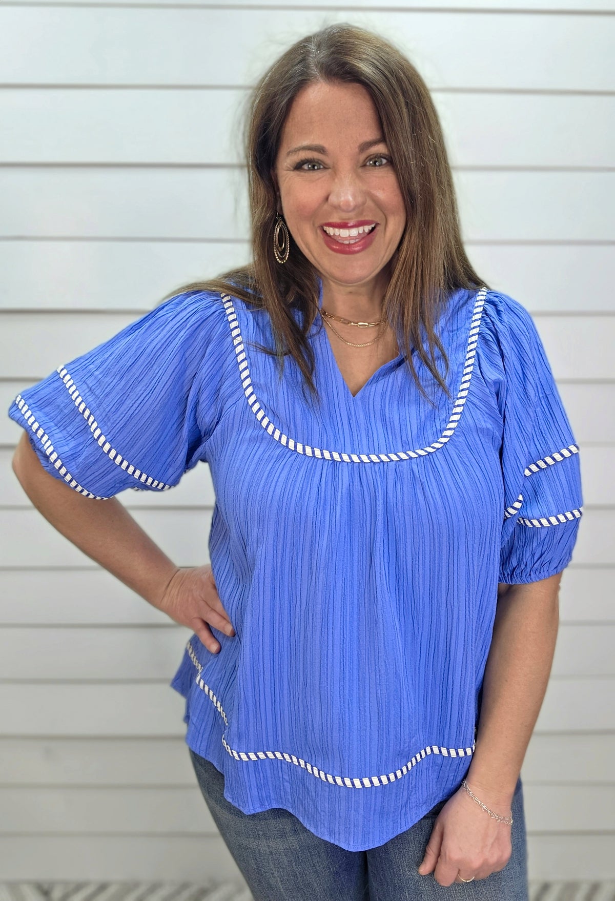 BLUE TEXTURED V NECK WOVEN TOP