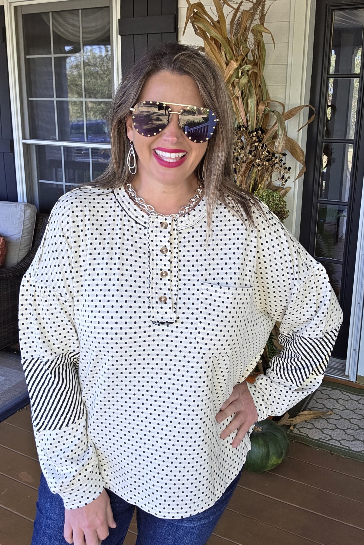 CREAM/BLACK POLKADOT/STRIPED KNIT OVERSIZED TOP