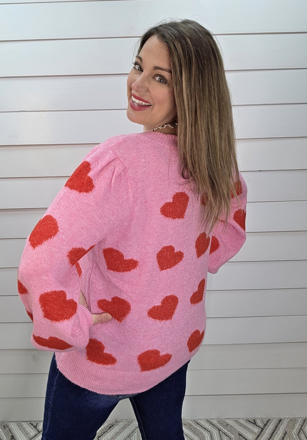 PINK/RED HEART SWEATER W/ SCALLOPED NECKLINE