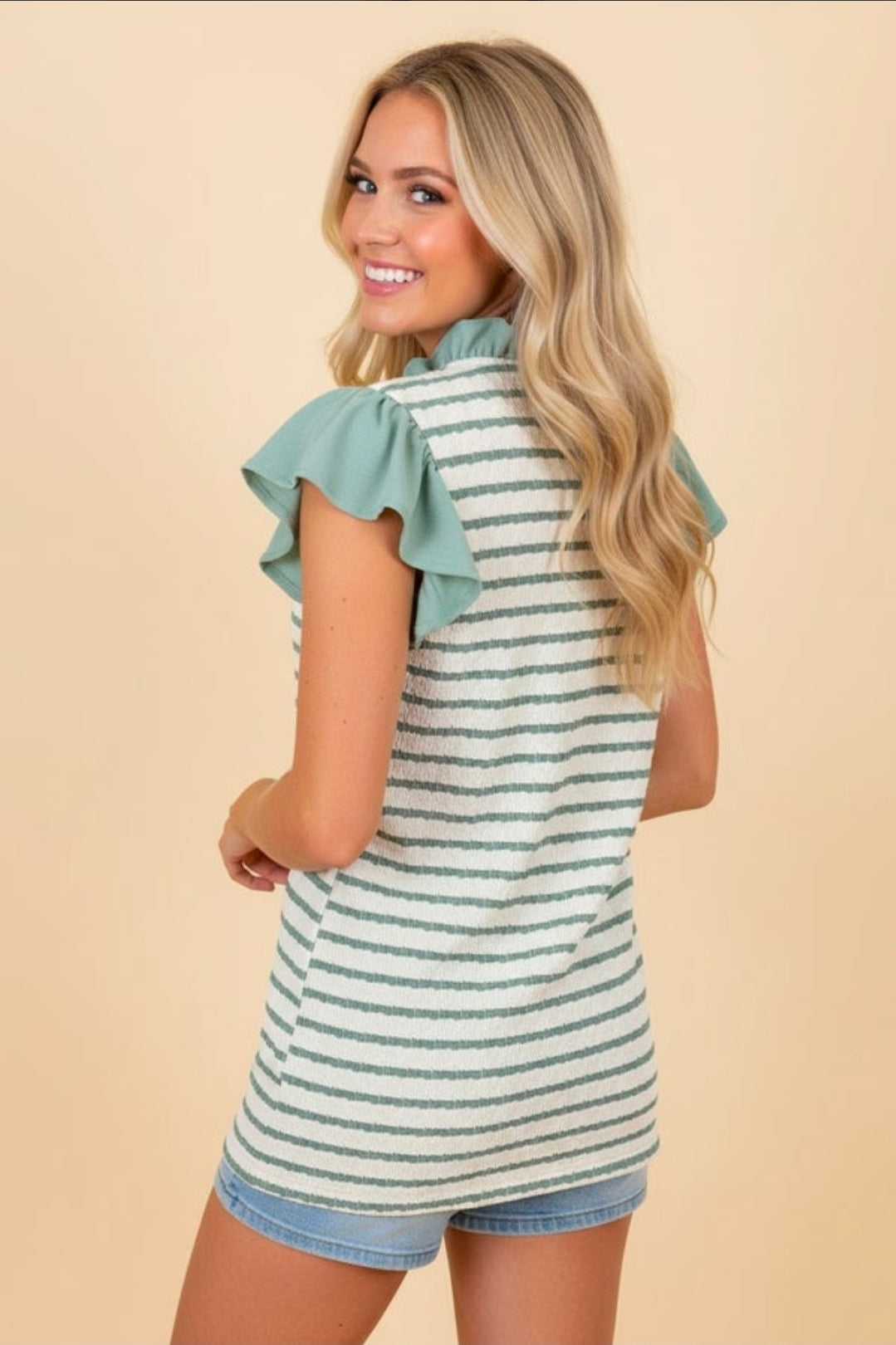 SAGE/CREAM STRIPED RUFFLE SLEEVE TEXTURED KNIT TOP