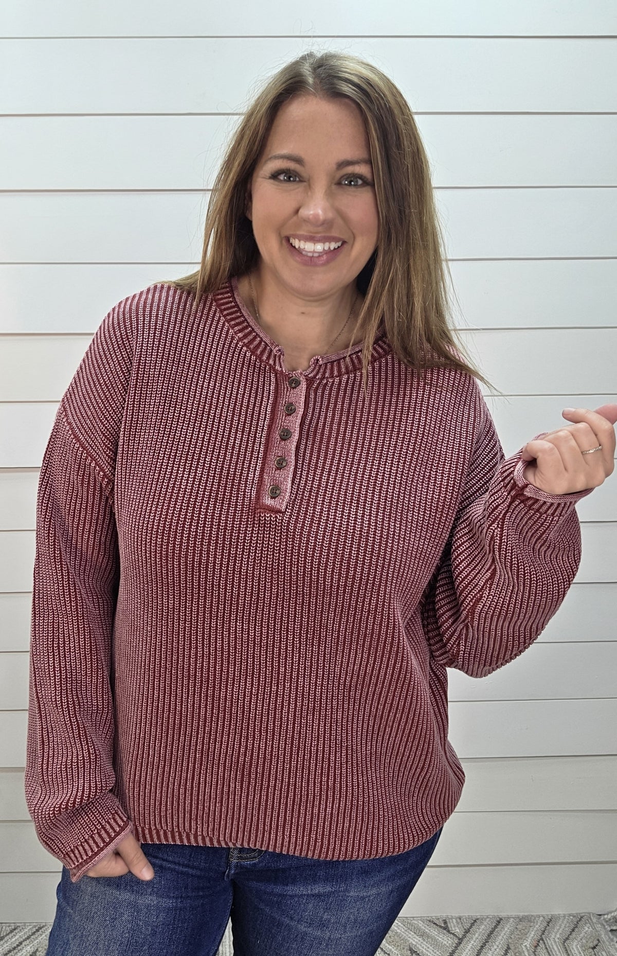 Burgundy Mineral Wash Henley Sweater