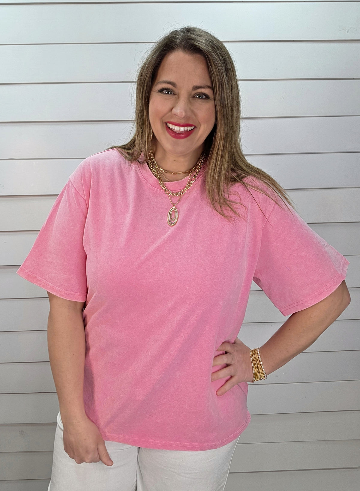PINK MINERAL WASH COTTON SHORT SLEEVE TOP