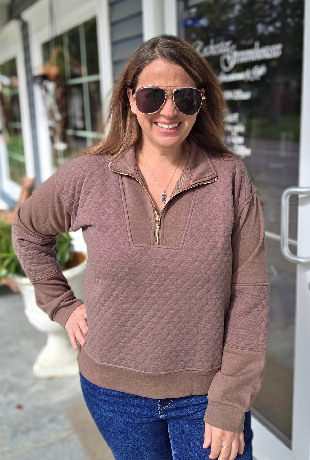 Cocoa High Neck, Half Zipper, Quilted Mix French Terry Pullover