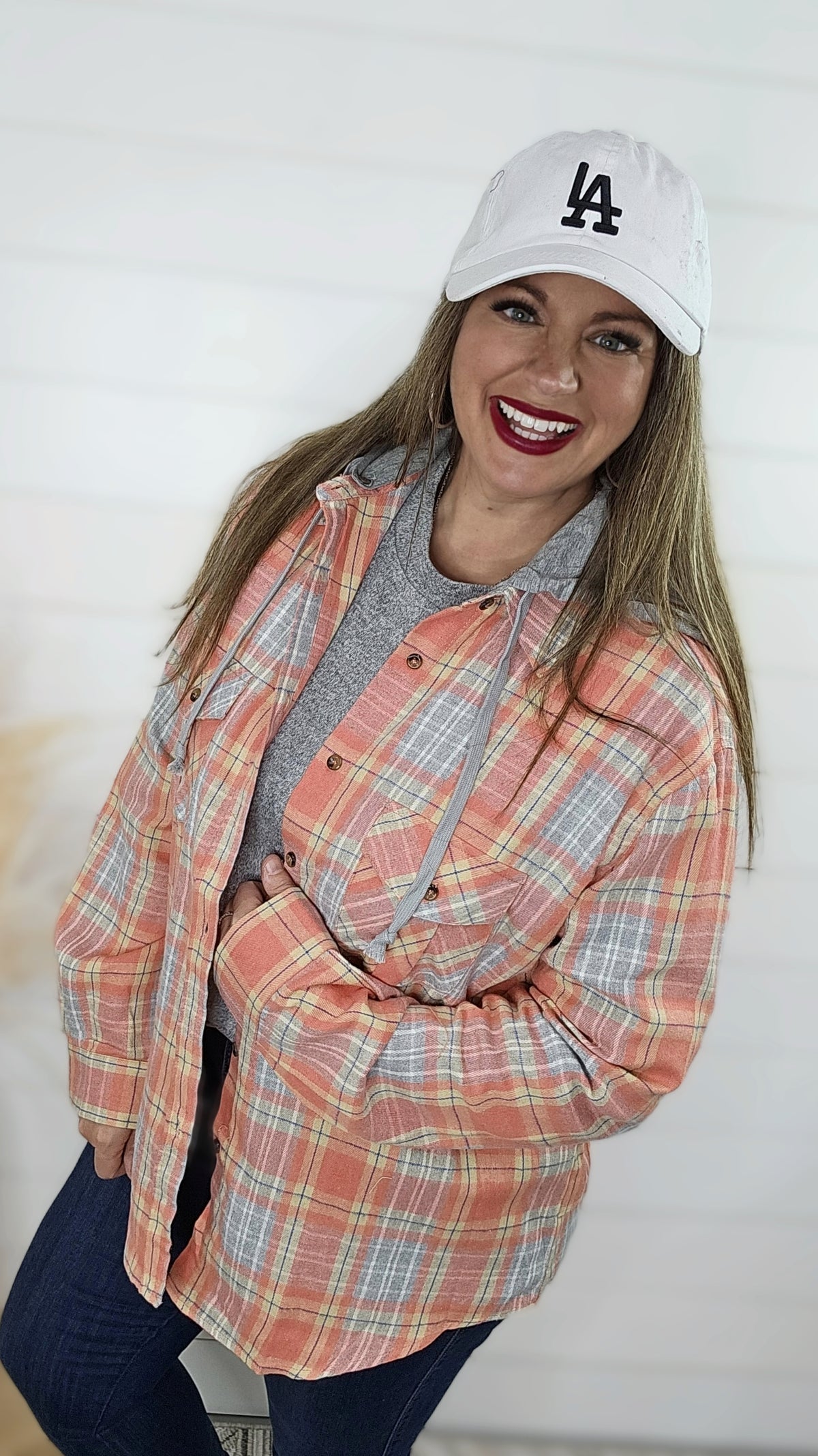 HOT CORAL/GREY PLAID BUTTON DOWN W/ REMOVEABLE HOOD