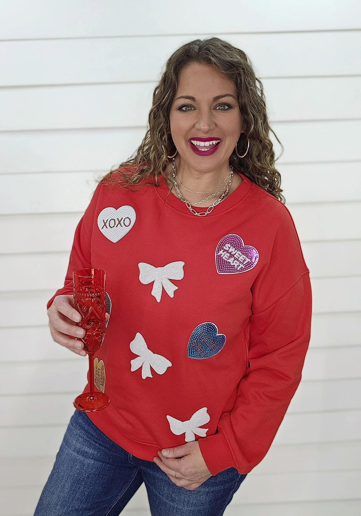 RED CONVERSATION HEART/BOW PULLOVER