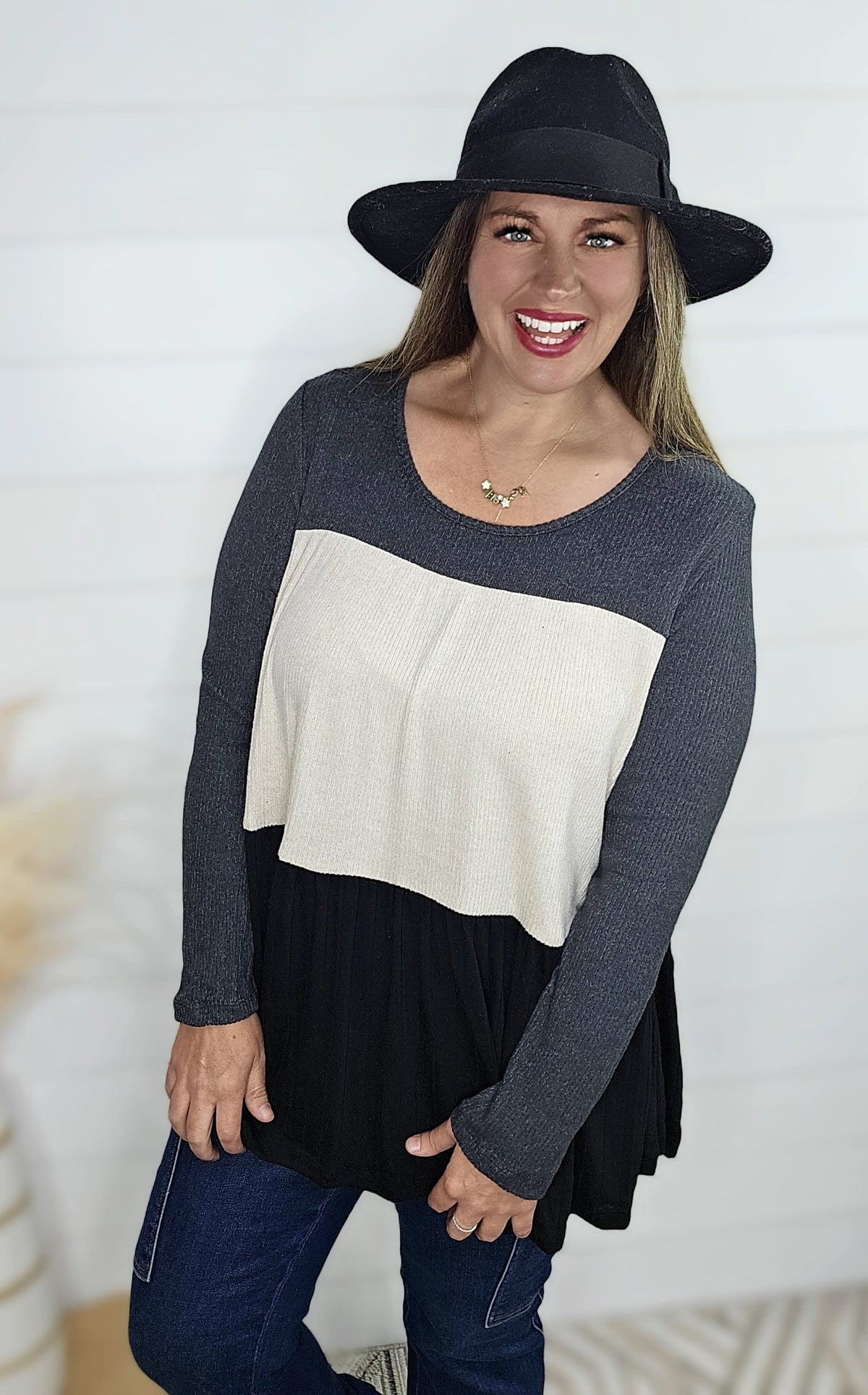 CHARCOAL/OATMEAL COLORBLOCK BRUSHED RIBBED TOP