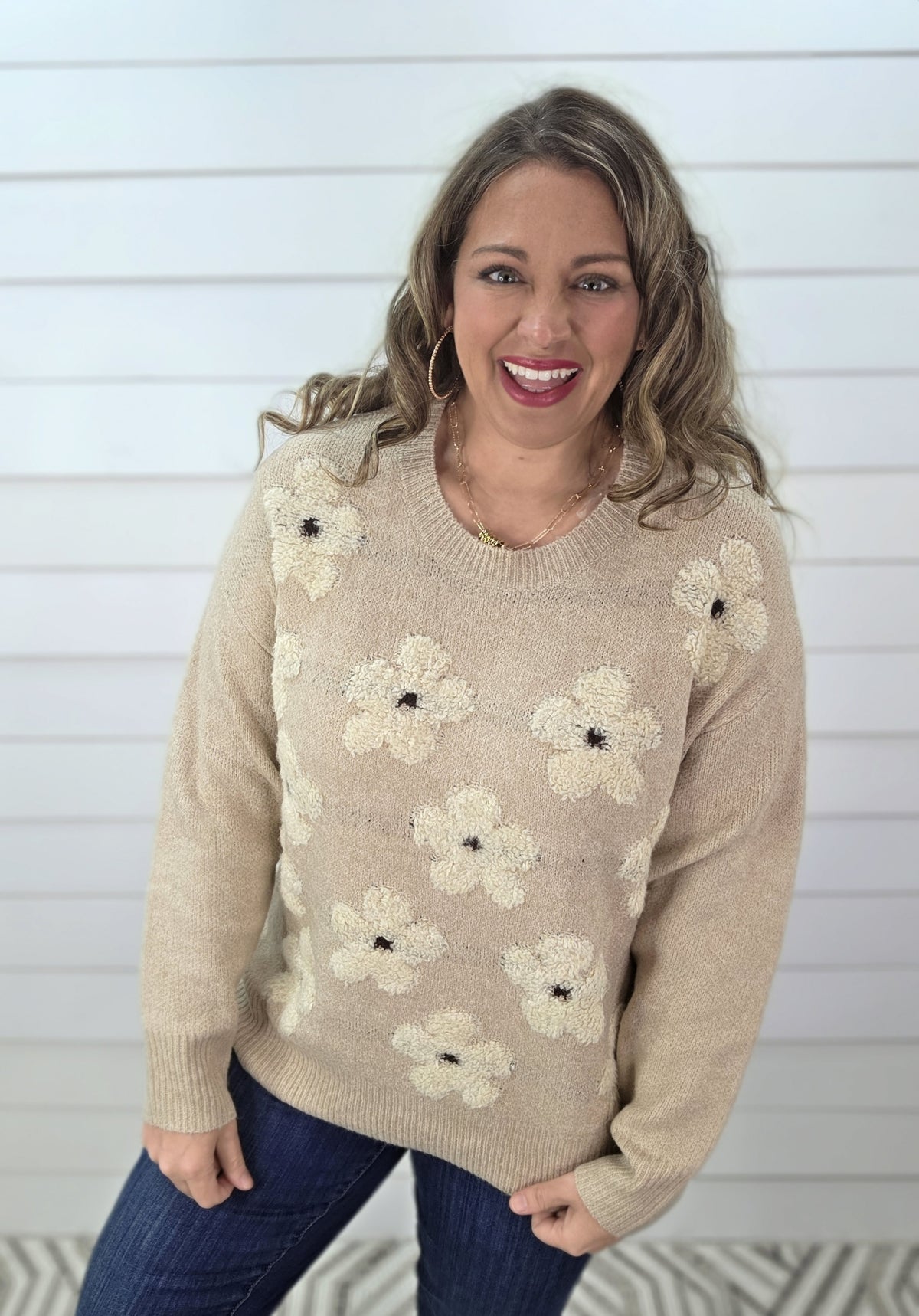TAUPE FLOWER JACQUARD CREW NECK PULLOVER SWEATER