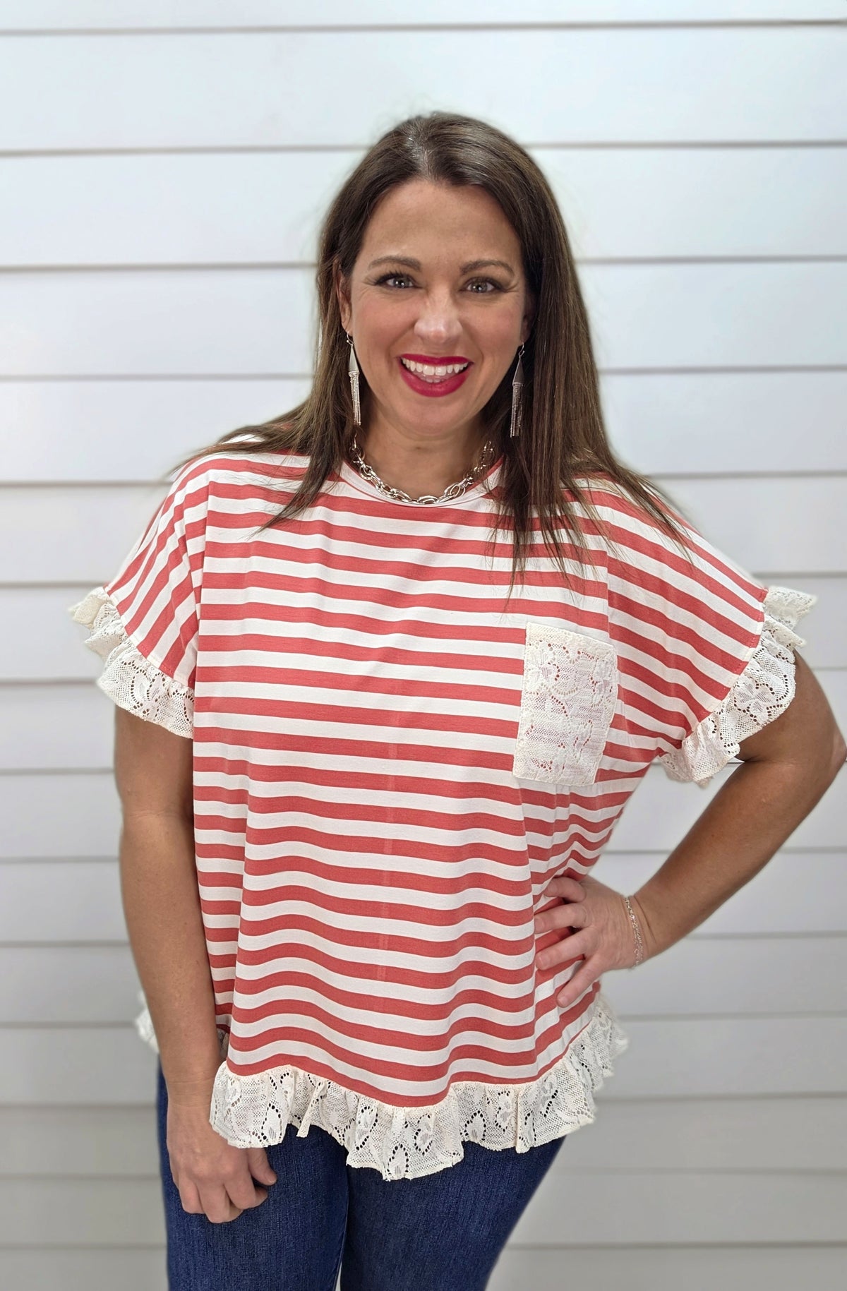 MUTED RED STRIPED KNIT TOP W/ LACE ACCENTS