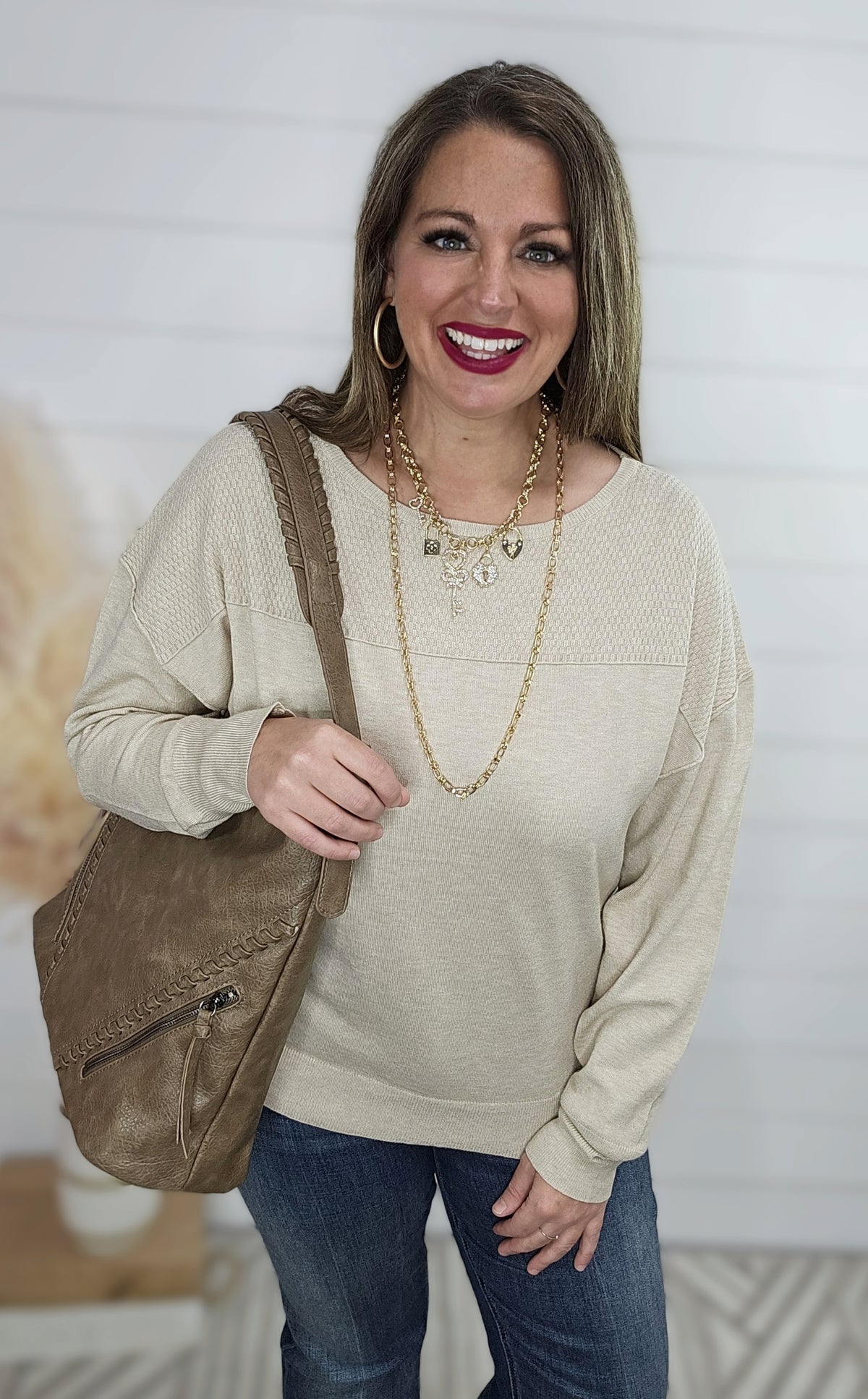 TAUPE TEXTURED DROP SHOULDER CREW NECK SWEATER