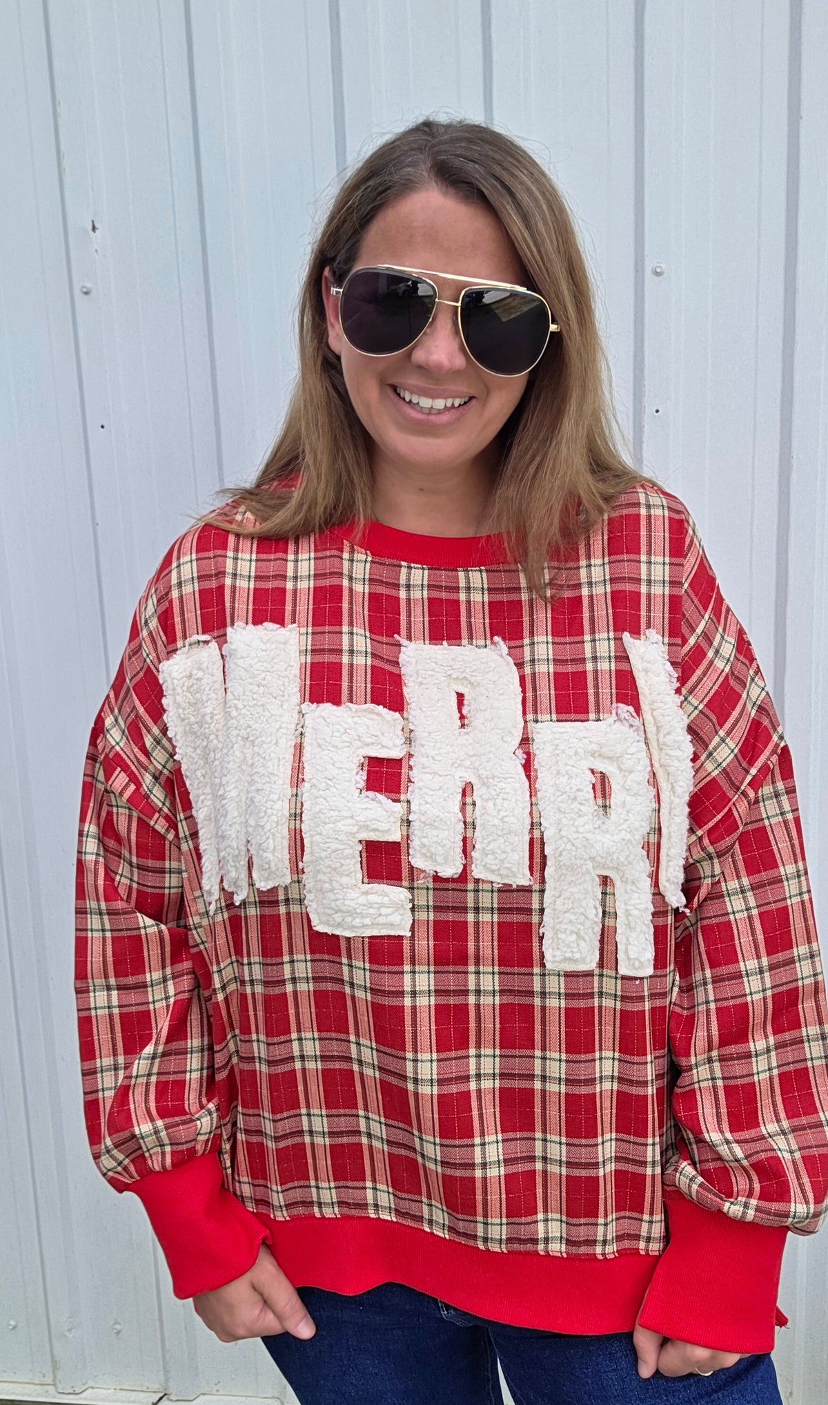 DARK RED PLAID MERRY OVERSIZED TOP