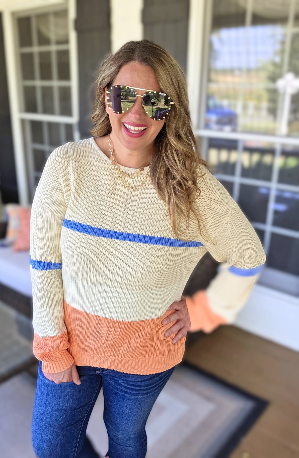 BEIGE/BLUE/ORANGE STRIPED COTTON BLEND SWEATER