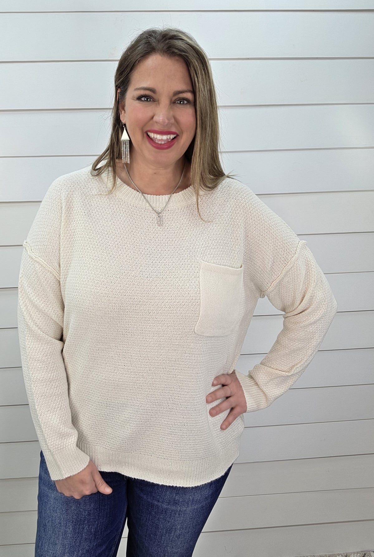 IVORY TEXTURED CHEST POCKET CREW NECK SWEATER