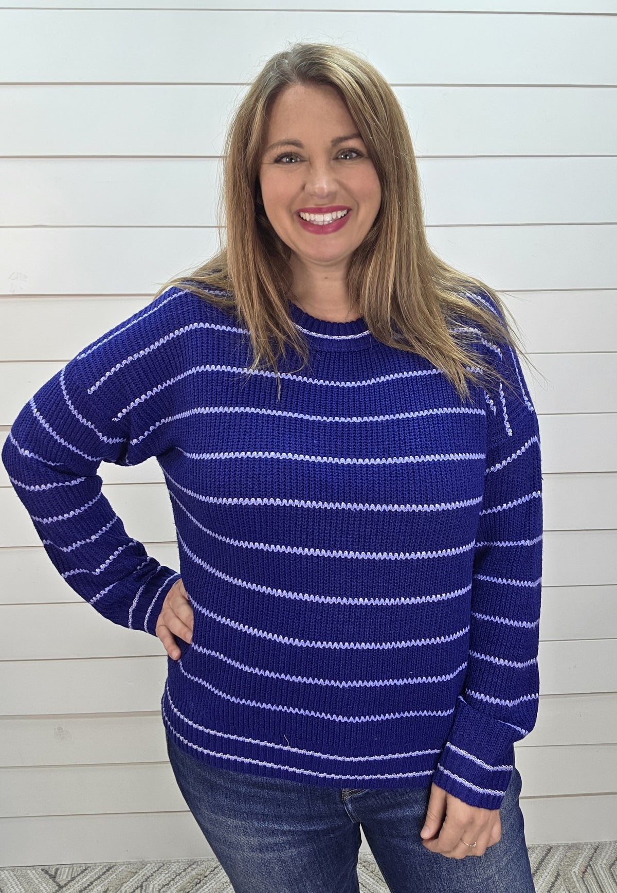 NAVY Texture Striped, Long Sleeve, Loose Fit, Crew Neck Sweater