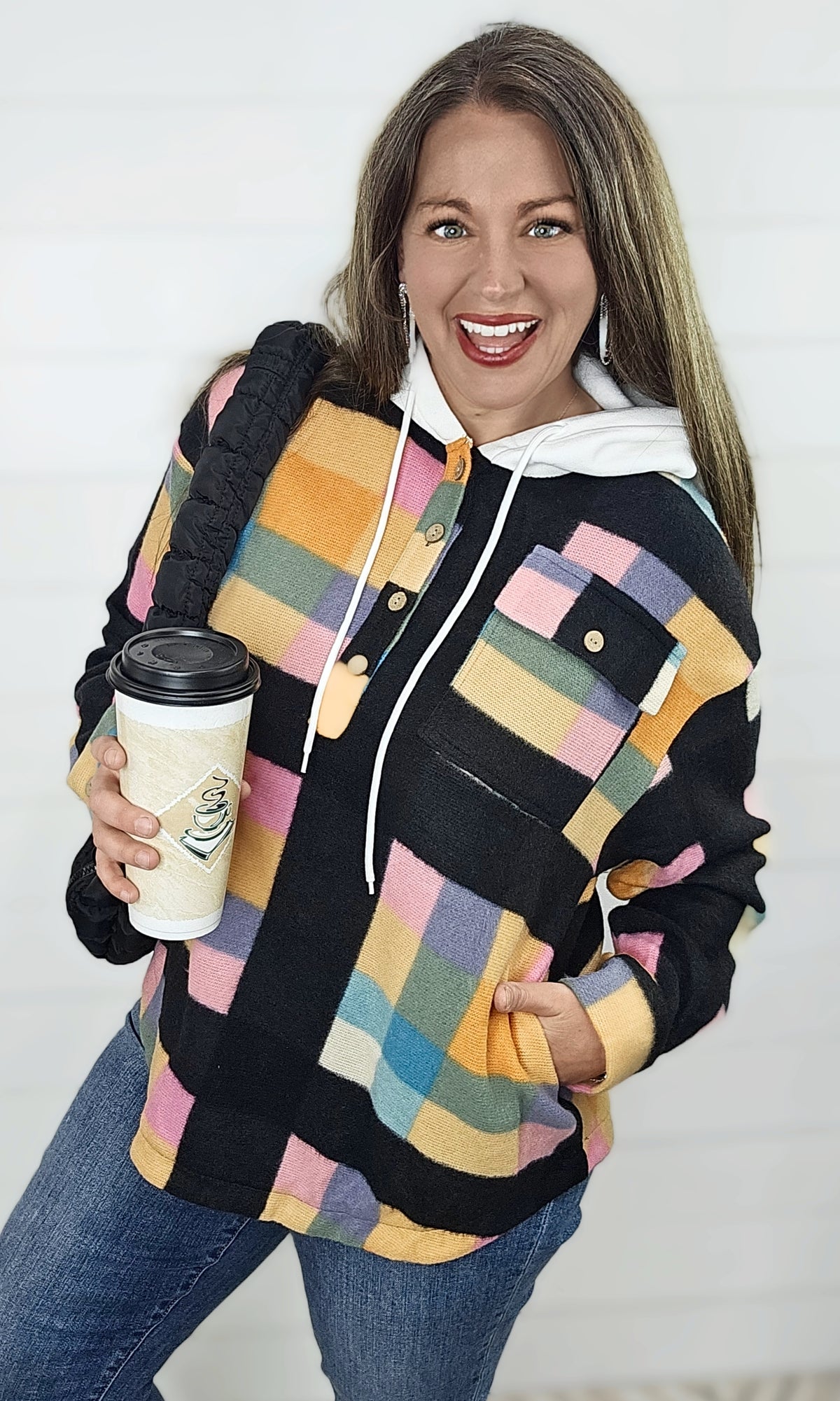 MULTI COLOR CHECK FLEECE SOFT HOODED TOP