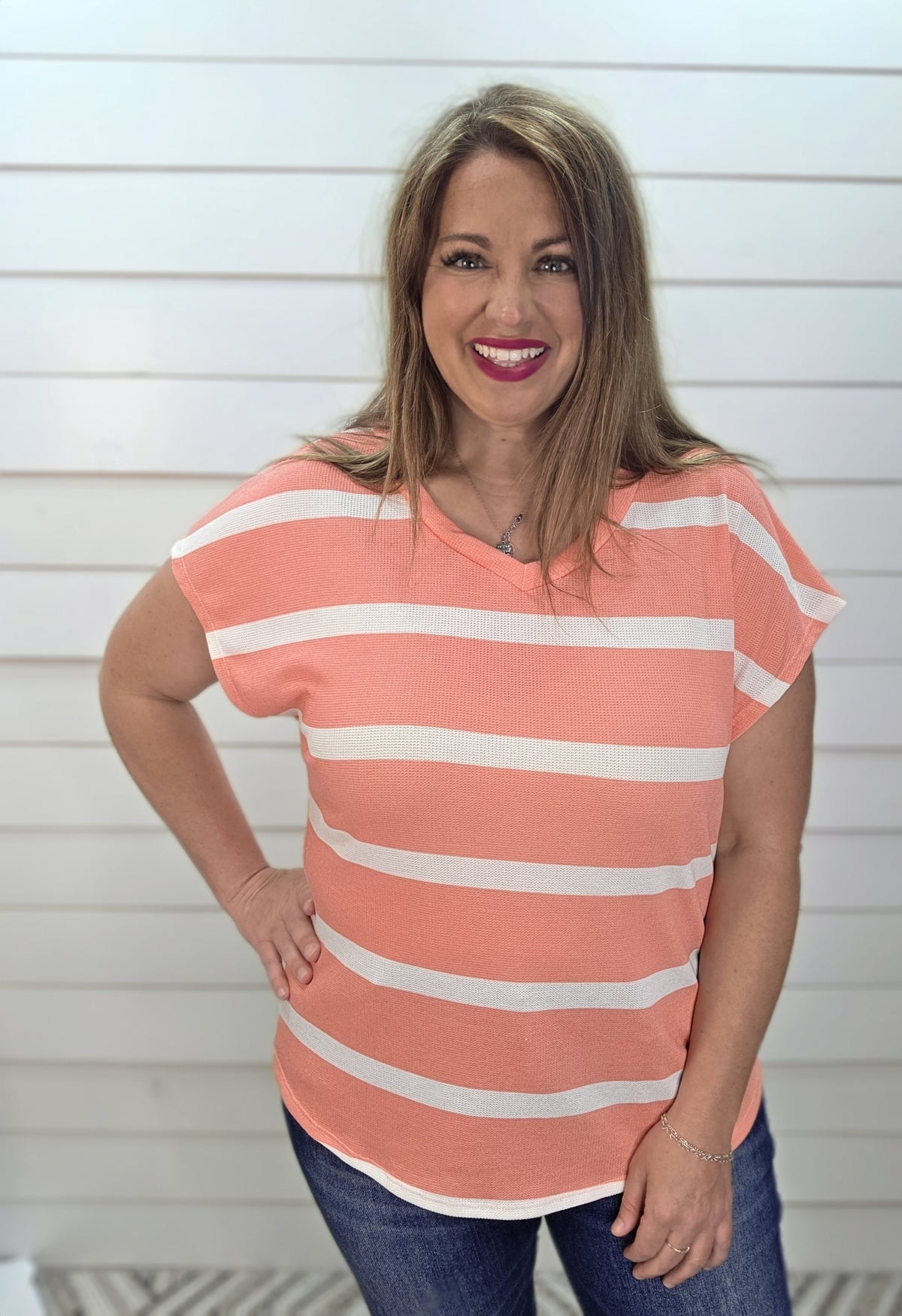 CORAL/WHITE STRIPED KNIT V NECK TOP