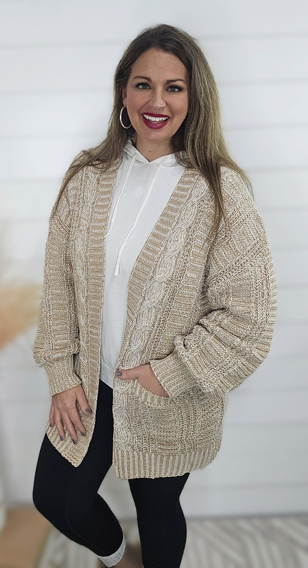 TAUPE TWO TONE OPEN KNIT CARDIGAN