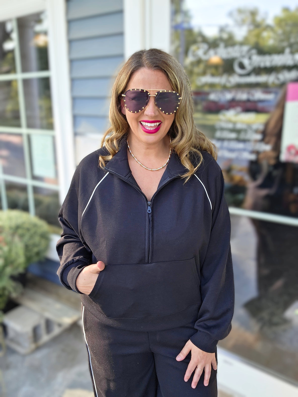 BLACK PINSTRIPE HALF ZIP PULLOVER