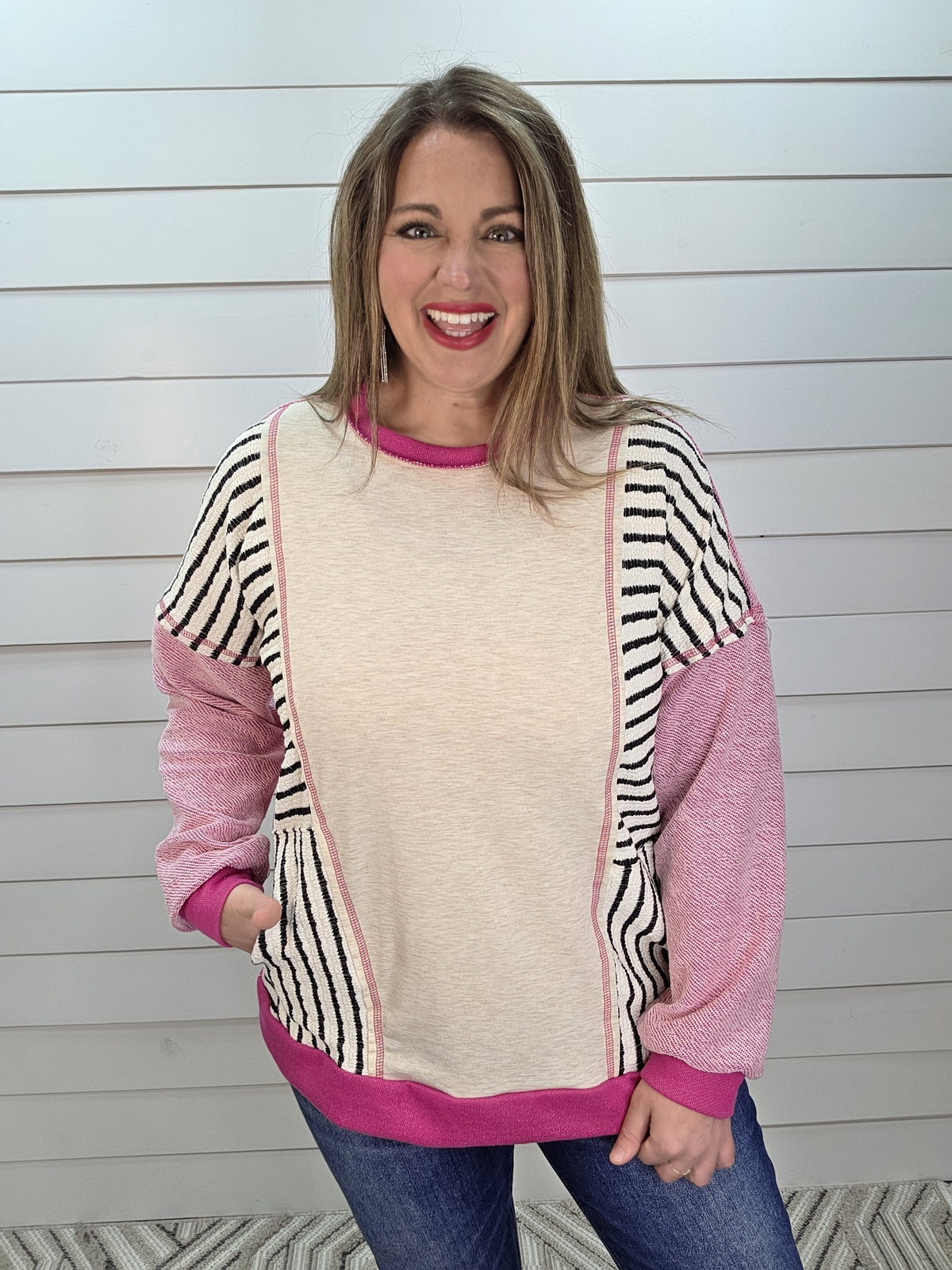 ROSEBERRRY STRIPED KNIT TOP W/ SIDE POCKETS
